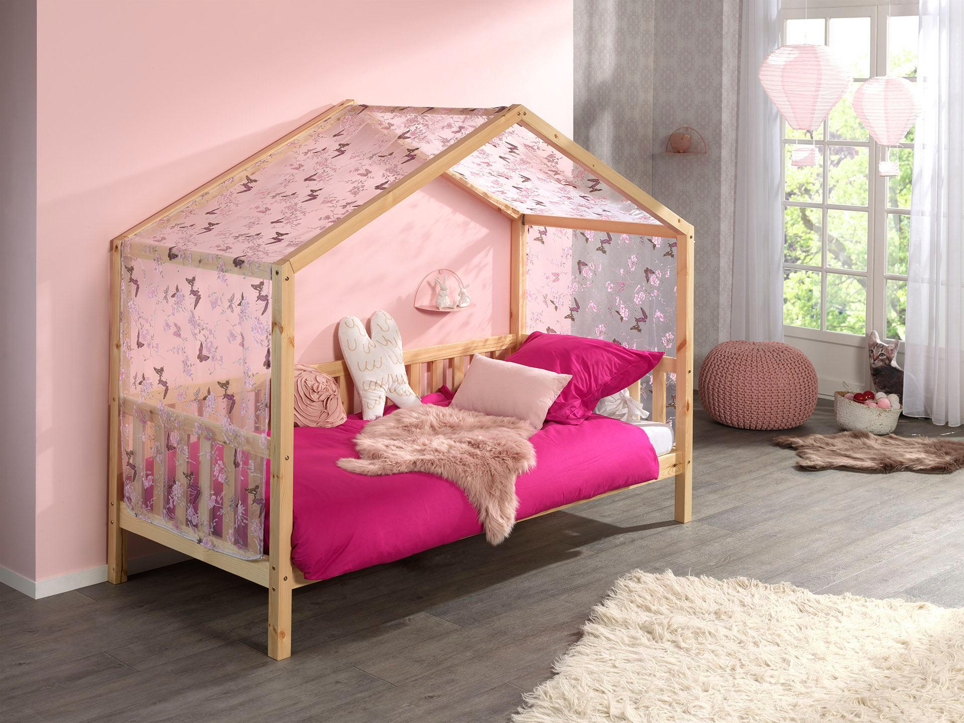 HAUSBETT mit Textilhimmel Kapua 210x170x97 aus Massivholz in Natur - Pink, Holz (90/200cm) - 58aufmkessel
