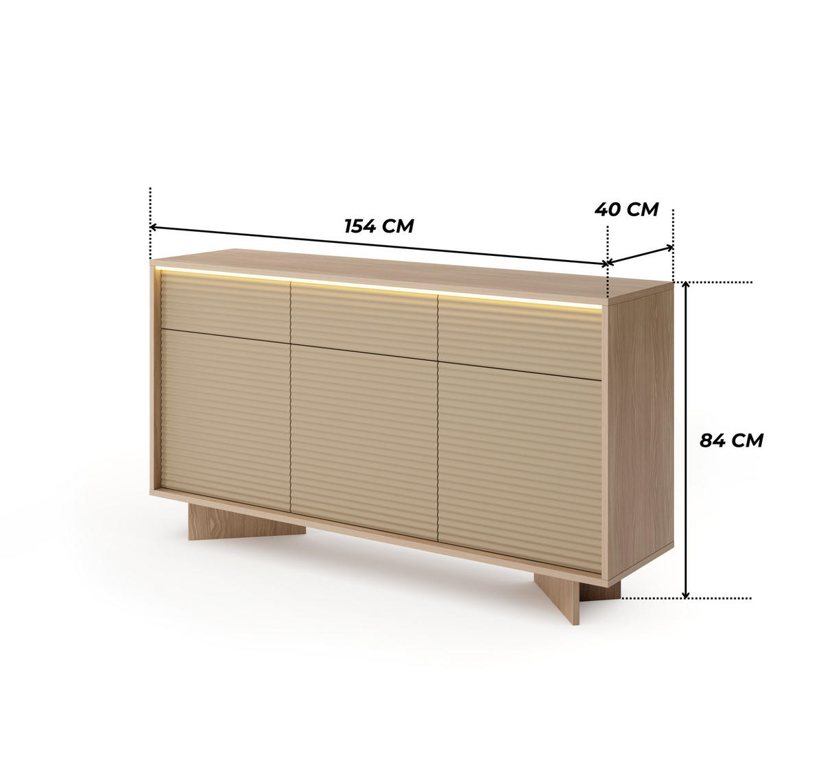 SIDEBOARD TORSANO (Bolivar Natur/Cappuccino, 3 Türen, 3 Schubladen, LED-Beleuchtung, Push-to-Open) - Eichefarben/Beige, Holz/Holzwerkstoff (154/84/40cm) - Ravio
