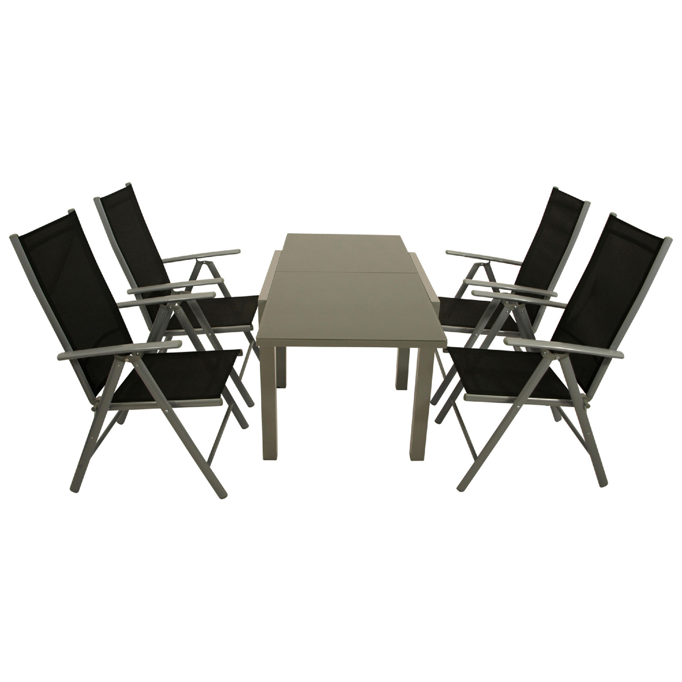 GARTEN-GARNITUR Ashford - 5-teilige Garten-Essgruppe (4x Klappsessel mit Aluminiumgestell grau, Bespannung Textilene schwarz - Schwarz, Metall - TPFGarden