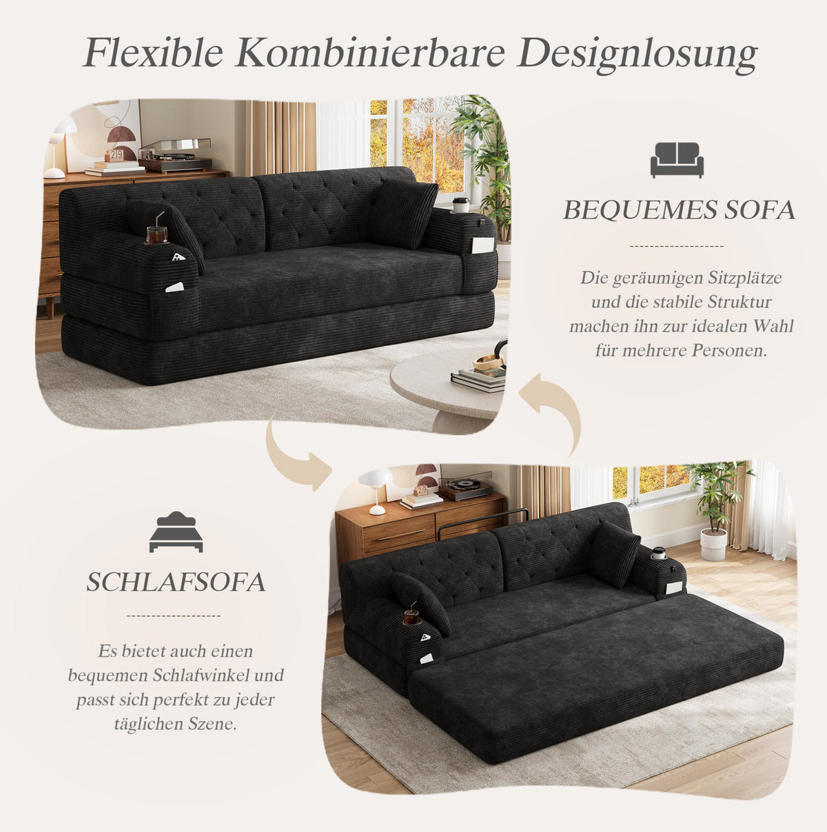 SCHLAFSOFA mit Schlaffunktion 208 x 80 cm Cord Schwarz - Schwarz, Textil (208/81/80cm) - IVMEU