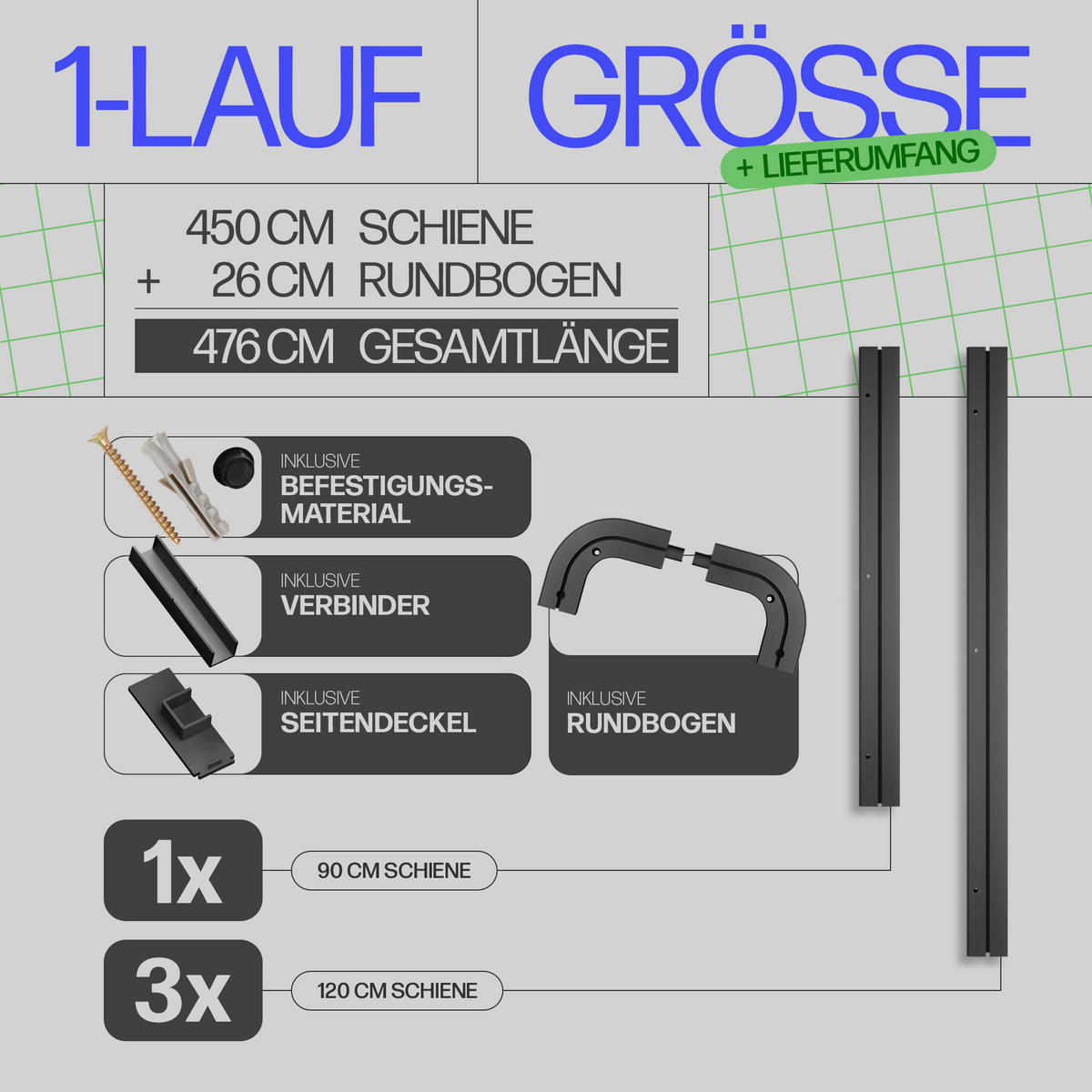 GARDINENSCHIENE inkl. Rundbögen 450cm (1x90/3x120cm) 1-läufig - Schwarz, Kunststoff (6/1.8/450cm)