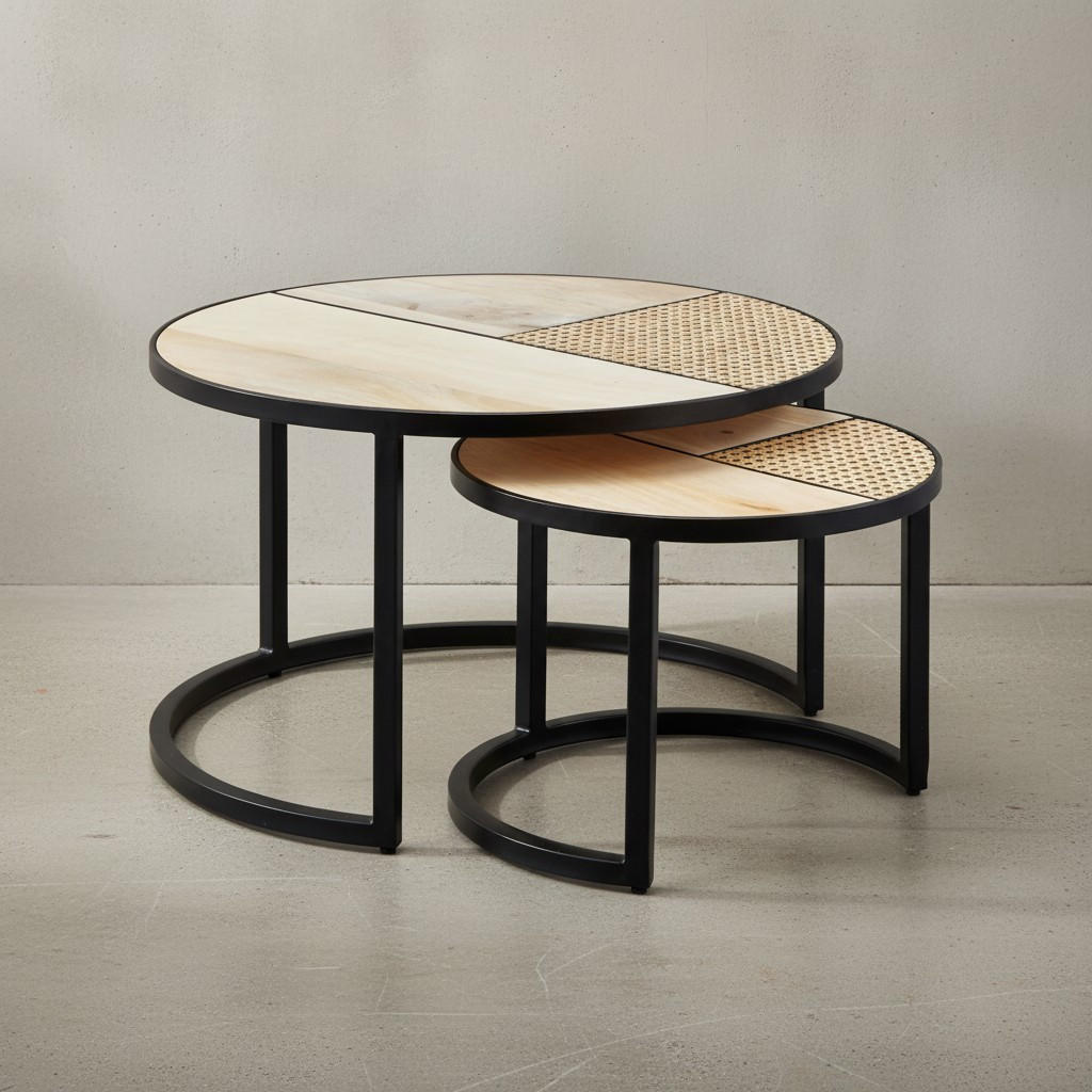 BEISTELLTISCH Set – Rattan Holz handgefertigt rund Industrial - Schwarz/Braun, Holz/Metall (60/60/37cm) - KADIMA DESIGN