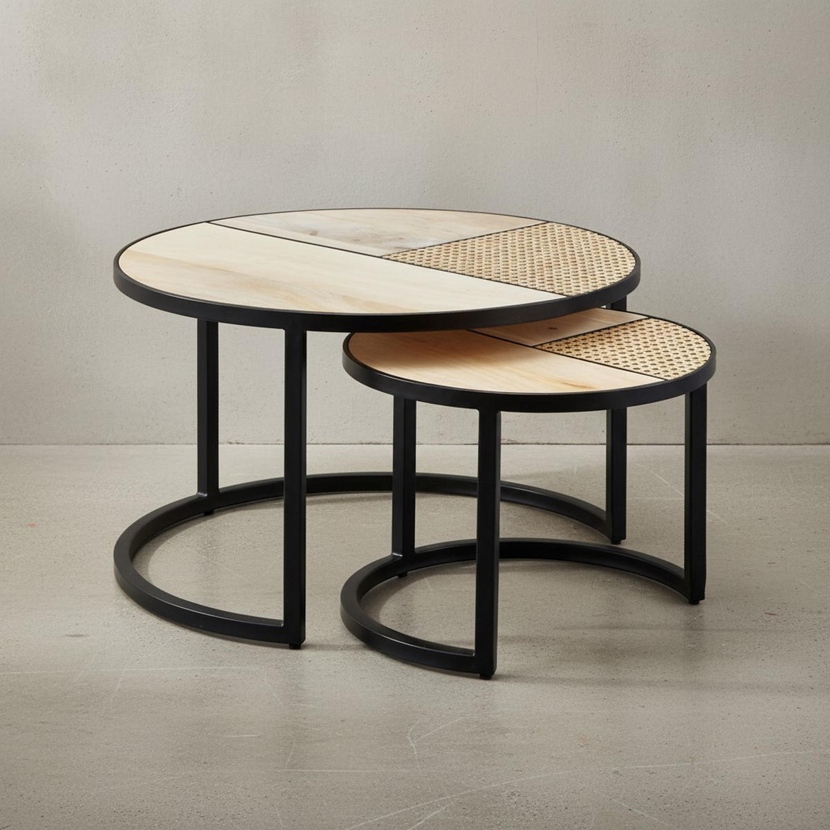 BEISTELLTISCH Set – Rattan Holz handgefertigt rund Industrial - Schwarz/Braun, Holz/Metall (60/60/37cm) - KADIMA DESIGN