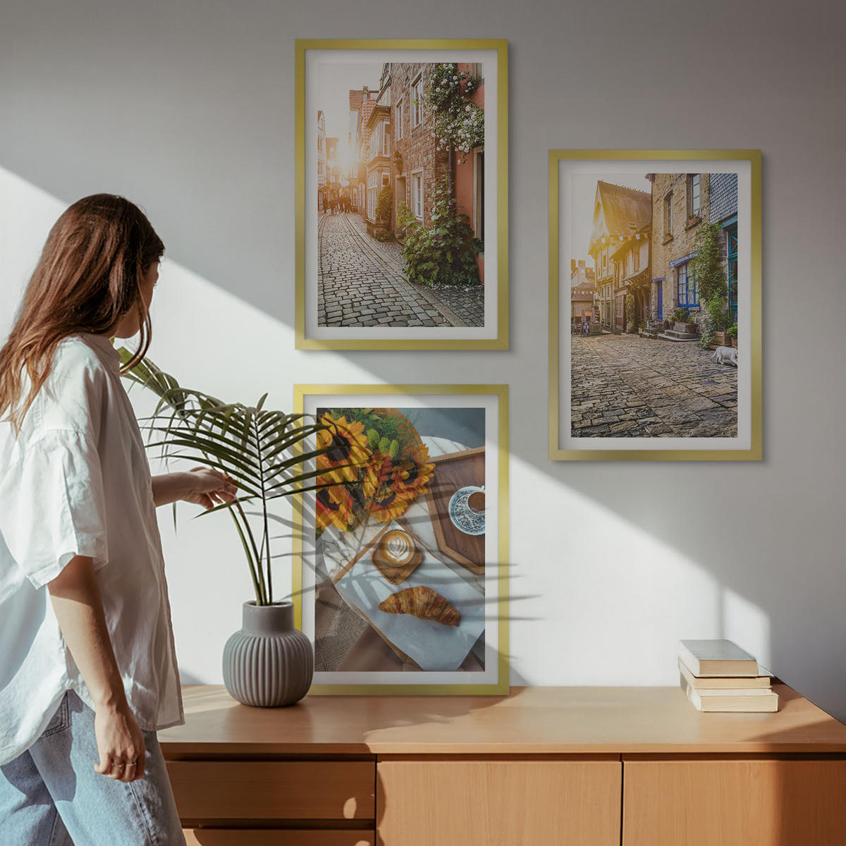 BILDER SET 3er Set - 40x60 cm Goldrahmen - Straßenkaffee Sonnenblumen - Goldfarben, Kunststoff (40/60cm) - TULUP
