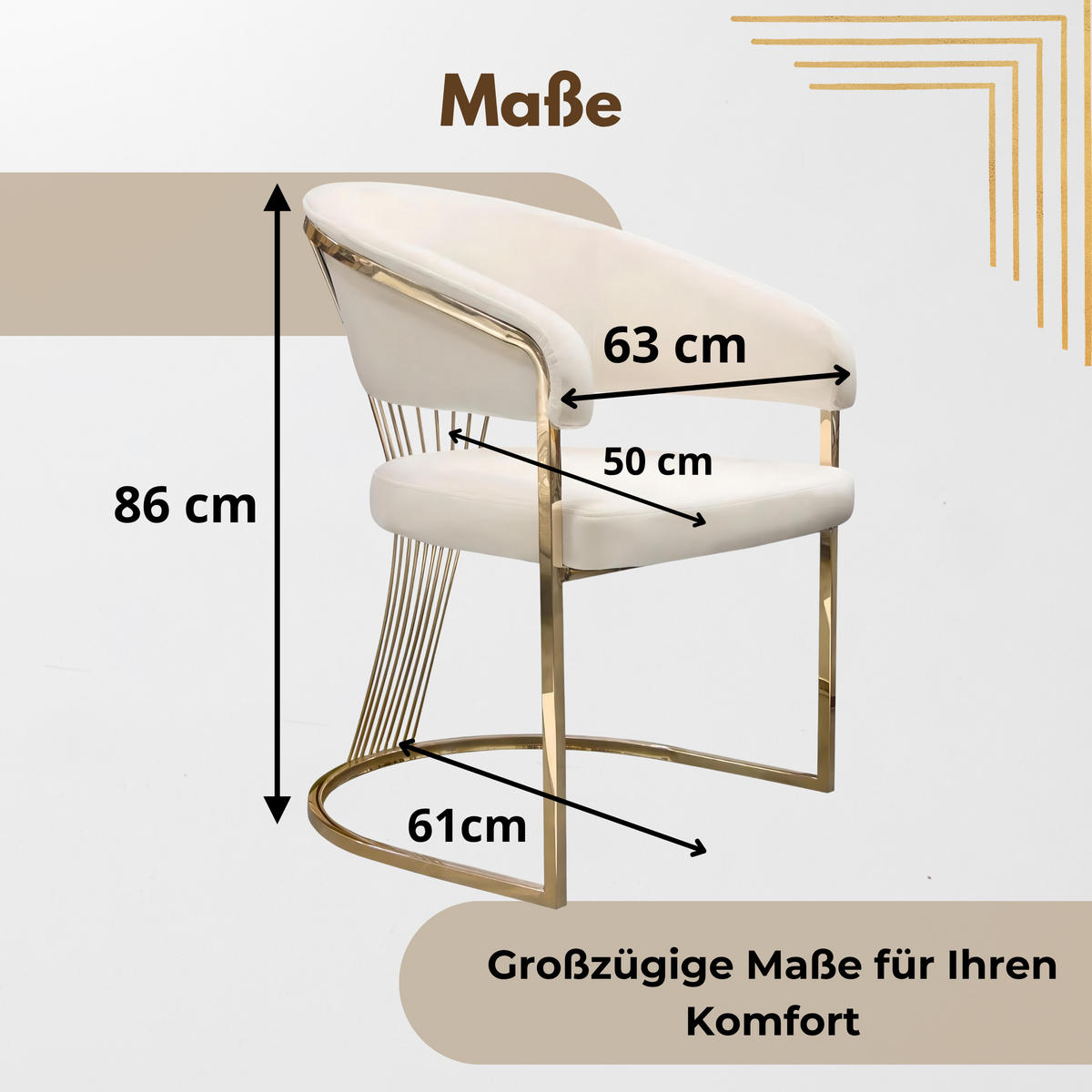 GLAM Elegance Design-Stuhl – Zeitlose Raffinesse in Gold - Goldfarben, Textil/Metall (63/86/61cm) - Fortisline