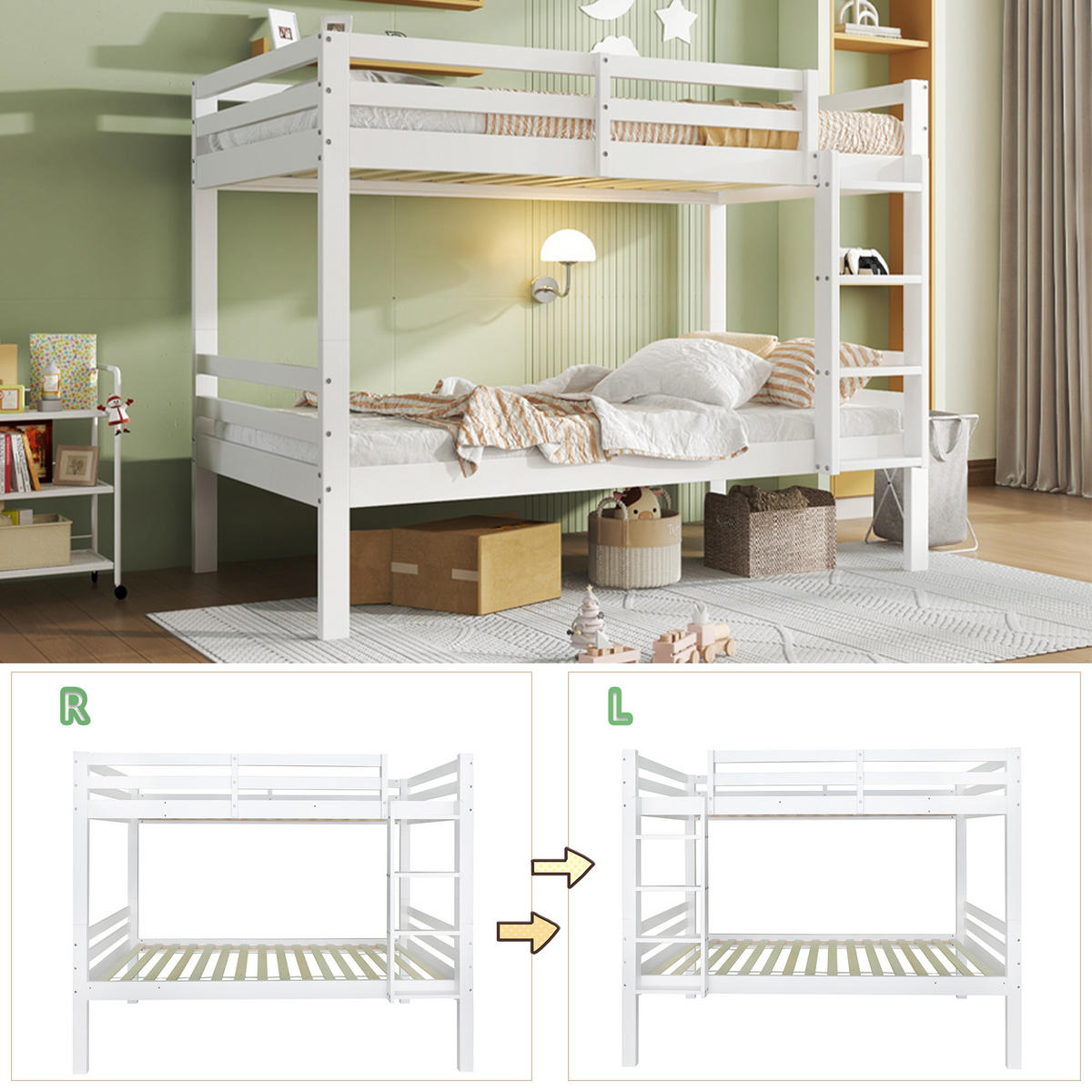 ETAGENBETT 90/200 cm Weiß aus Kiefer mit Absturzsicherung und Winkelleiter - Weiß, Holzwerkstoff (90/200cm) - OKWISH