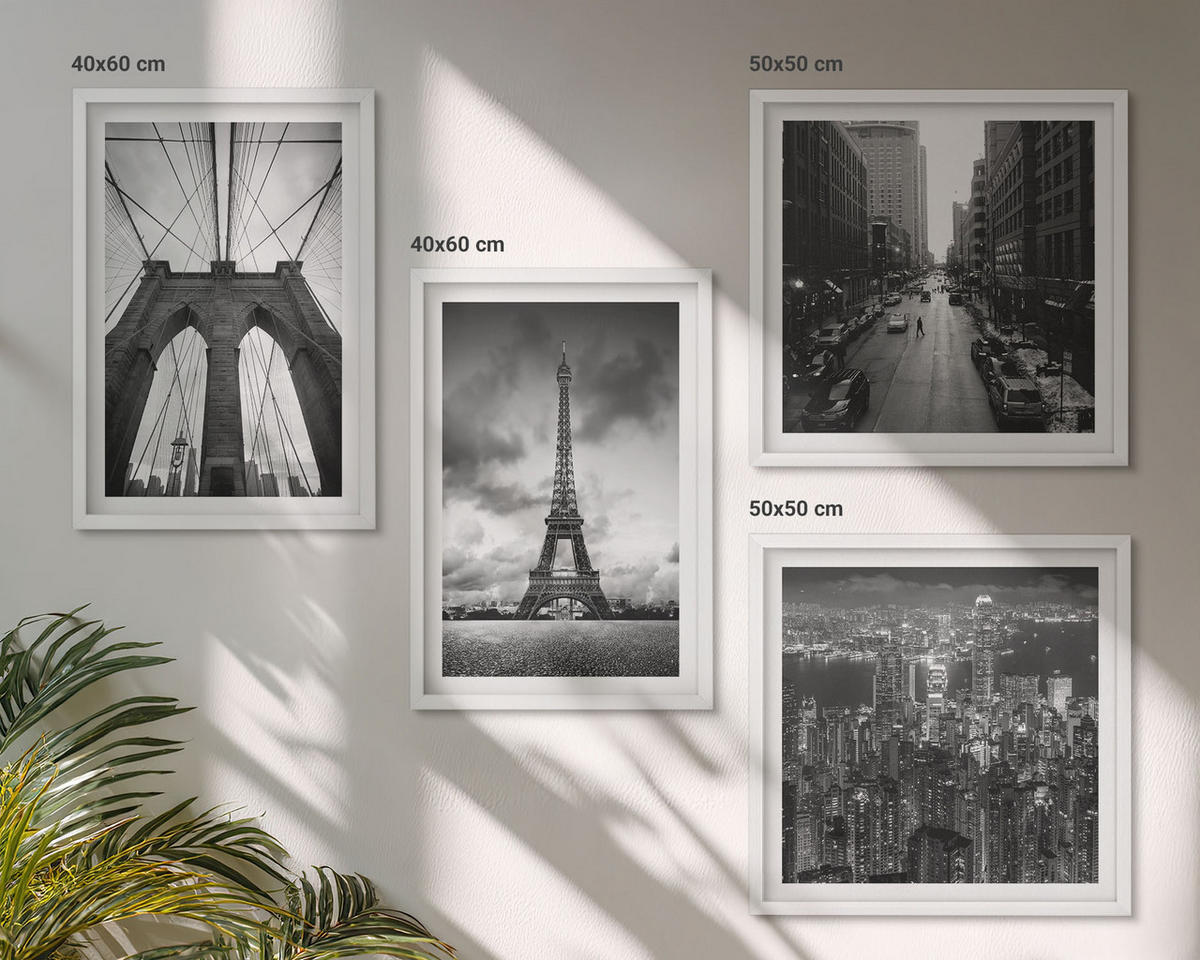 BILDER SET 4er Set - 50x50 cm & 40x60 cm Weißer Rahmen - Monochromatische Brückentürme - Weiß, Kunststoff (50/50cm) - TULUP
