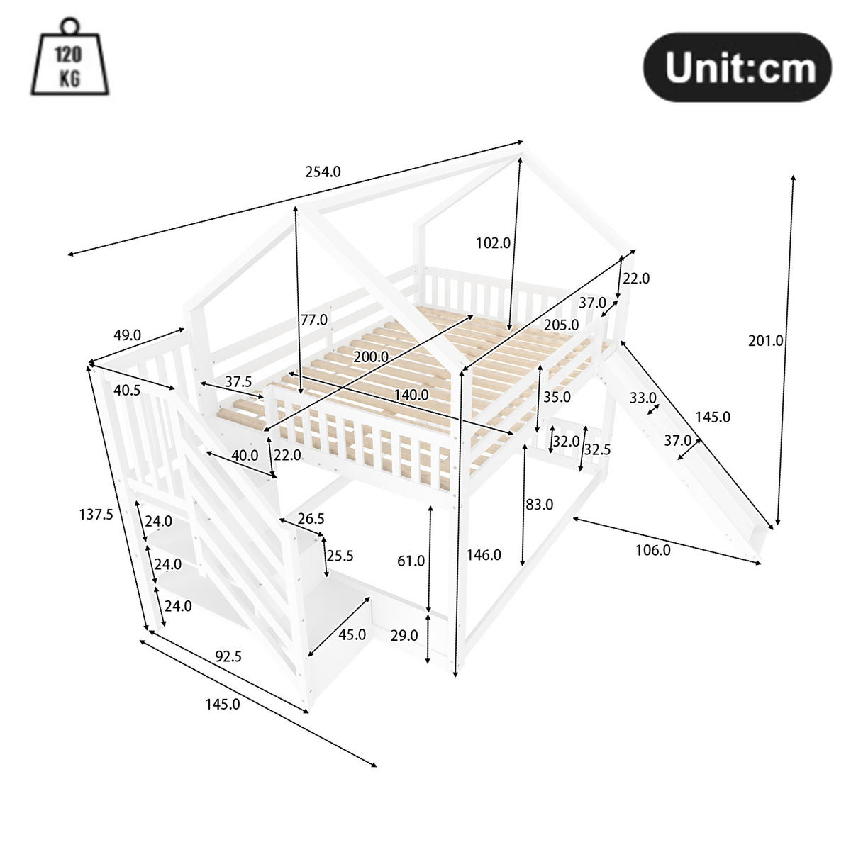 ETAGENBETT 140/200 cm weiß mit Stauraumtreppe und Rutsche - Weiß, Holz (140/200cm) - OKWISH