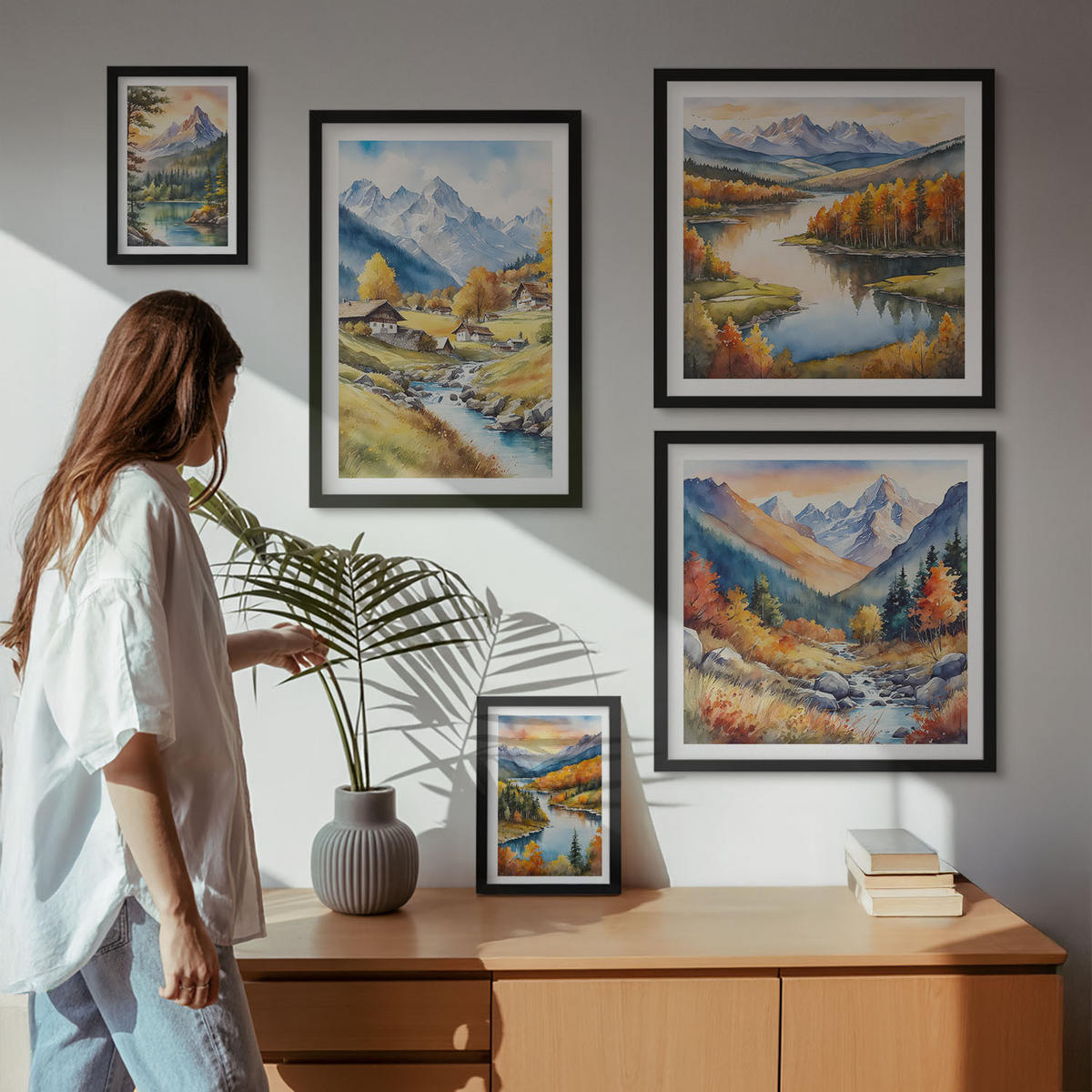 BILDER SET 5er Set - 50x50 cm & 20x30 cm & 40x60 cm Schwarzer Rahmen - Nachthimmel, Berge, Winter, Weltraum - Schwarz, Kunststoff (40/60cm) - TULUP