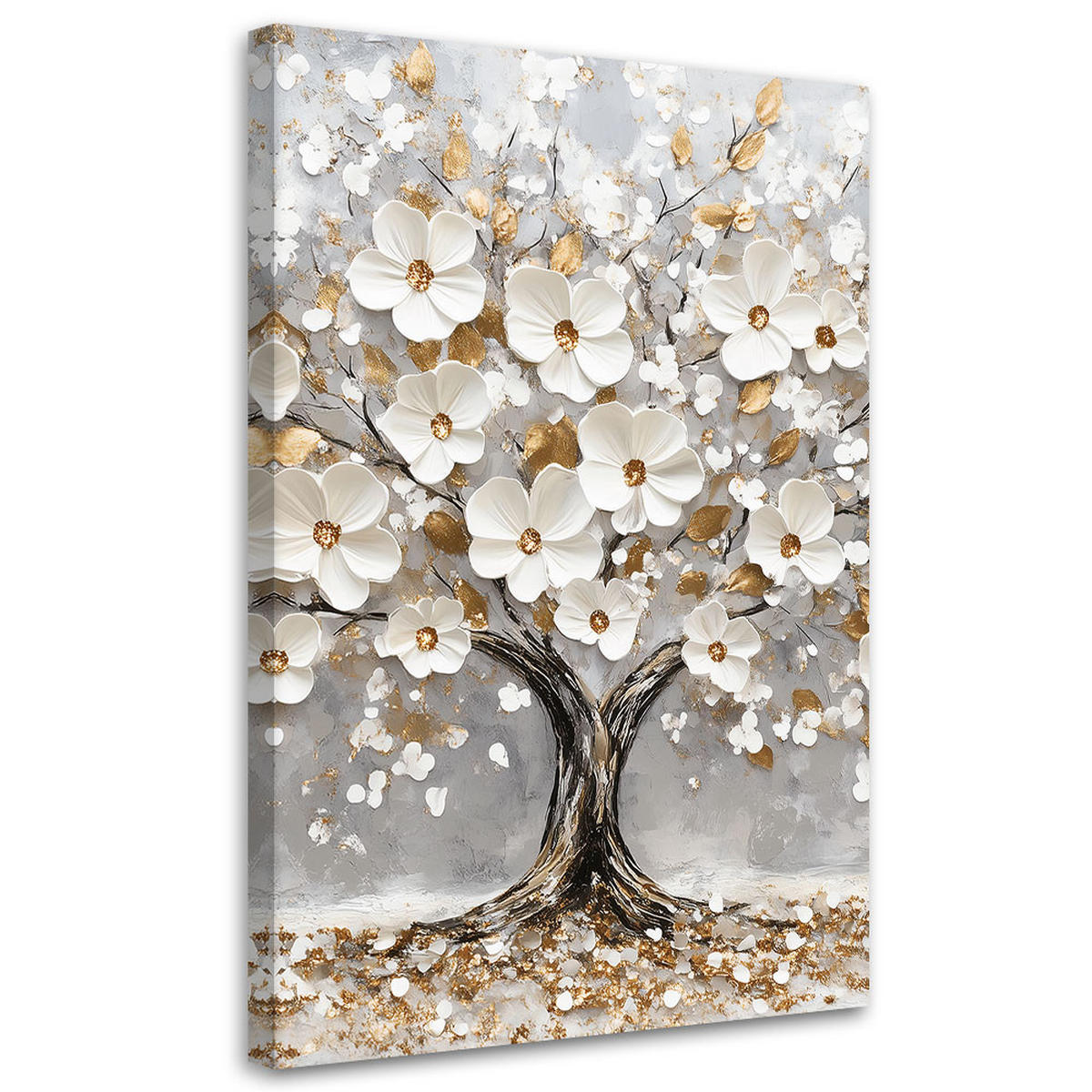 LEINWANDBILD Baum weiße Blumen goldene Blätter 40x60cm - Weiß, Textil (40/60cm) - Feeby