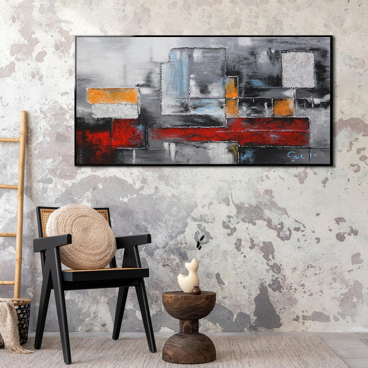 GEMÄLDE Abstraktion Schattenfugenrahmen schwarz 100x50 cm - Schwarz, Holz (100/50cm) - YS-art gallery