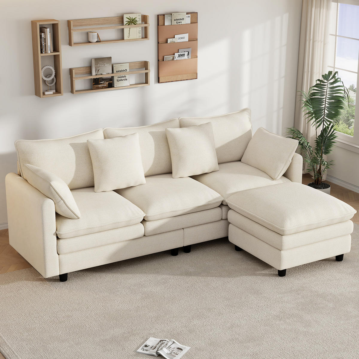 ECKSOFA 212/150/90 cm Beige mit 4 Zierkissen und 3 Rückenlehnen - Beige/Schwarz, Textil (212/150cm) - Oxeza