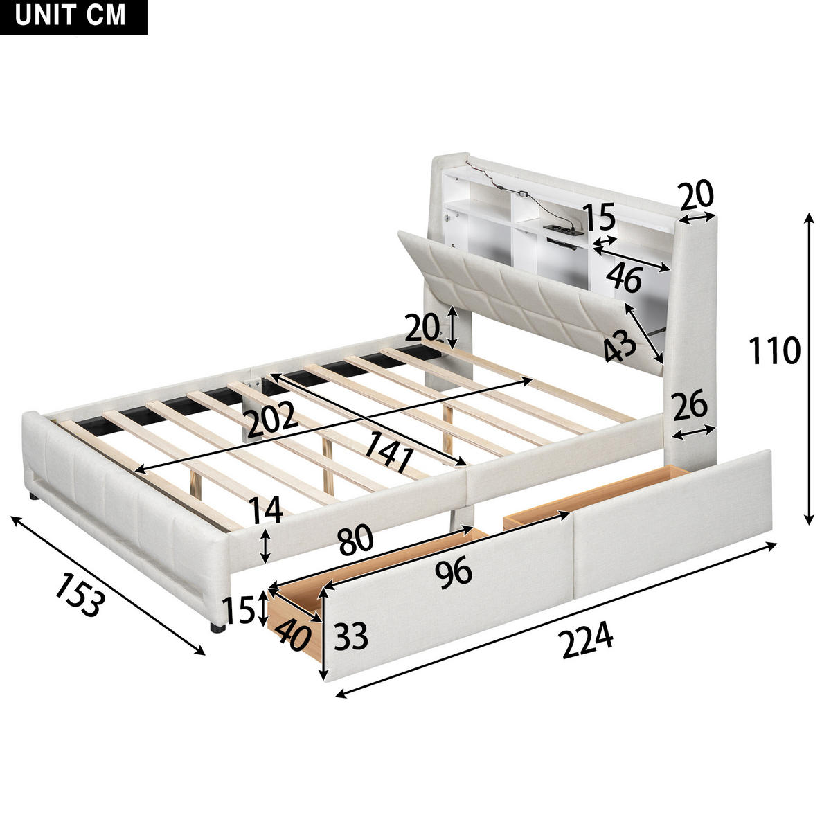 POLSTERBETT mit Stauraum 140x200 cm Leinen Beige - Beige, Holz (140/200cm) - Meubliv
