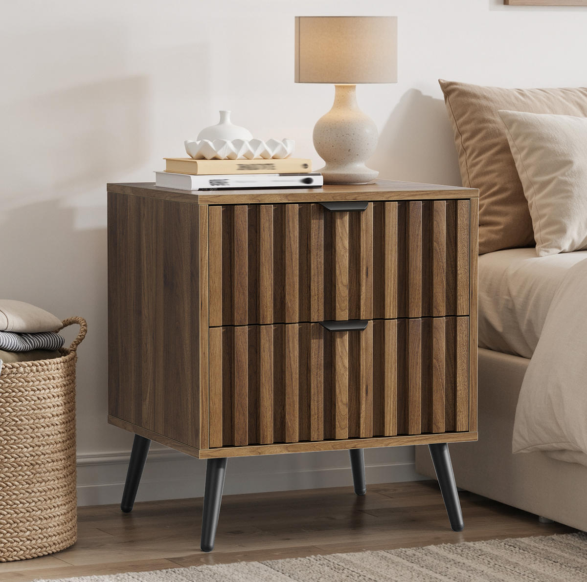NACHTTISCH 45/53/40 cm Walnuss aus MDF mit 2 Schubladen - Braun, Holzwerkstoff (45/53/40cm) - OKMYHOME