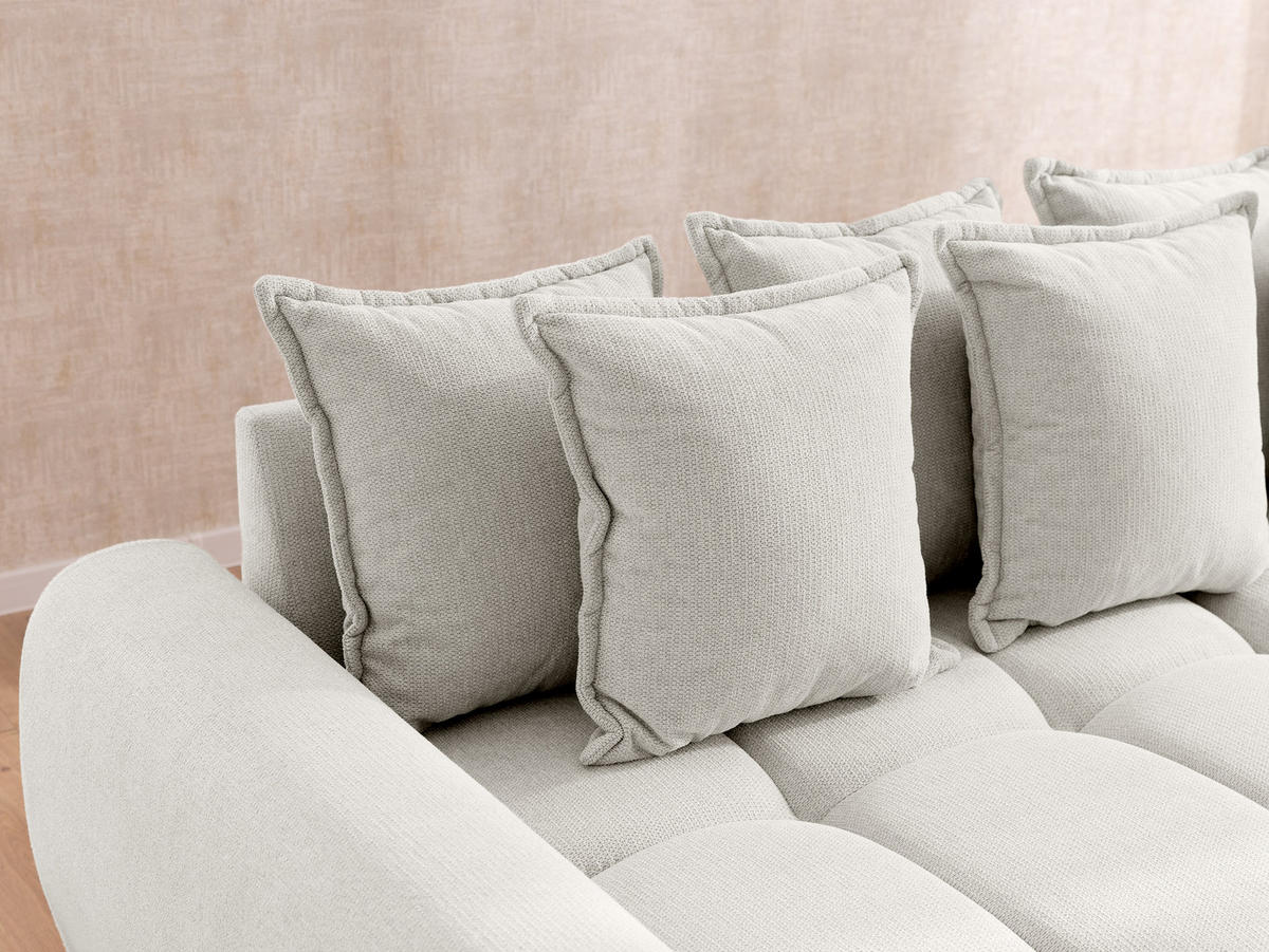 ECKSOFA inkl. Hocker Bubble mit Schlaffunktion und losen Rückenkissen, Sitzfläche in Bubble-Optik aus weichem Creme Strukturstoff - Ottomane Links - Creme/Schwarz, Holz/Kunststoff (180/306cm) - S-Style Möbel