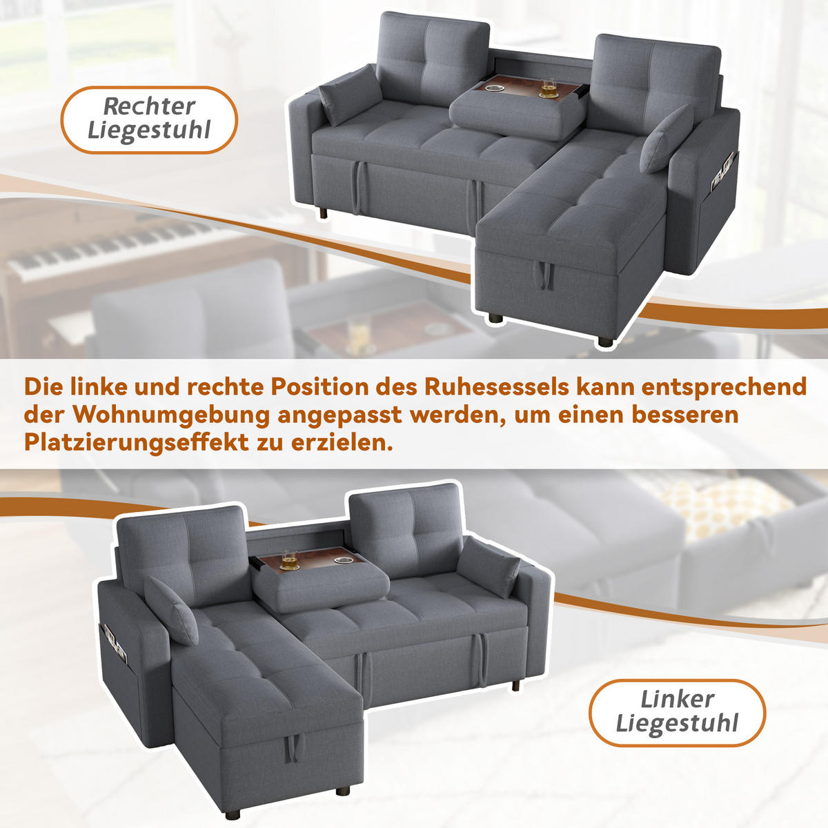 ECKSCHLAFSOFA Leinen Grau mit Stauraum, Schlaffunktion und Getränkehalter - Grau, Holzwerkstoff/Kunststoff (211/136cm) - WISHDOR