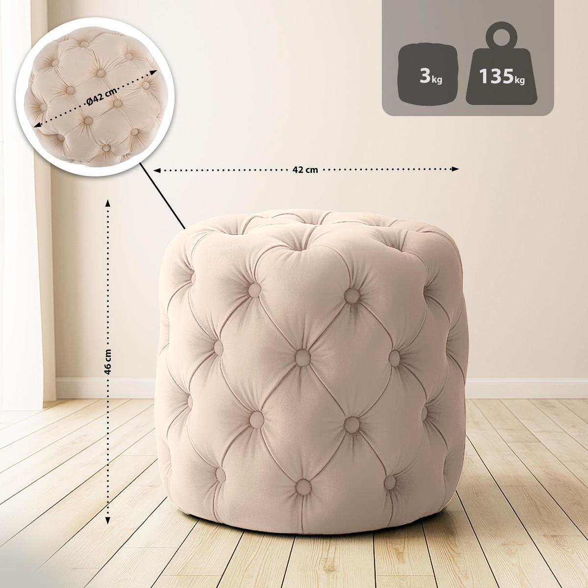SITZPOUF rund Samt Creme - Eukalyptusholzfarben/Creme, Holz/Textil (42/46/42cm) - CLP