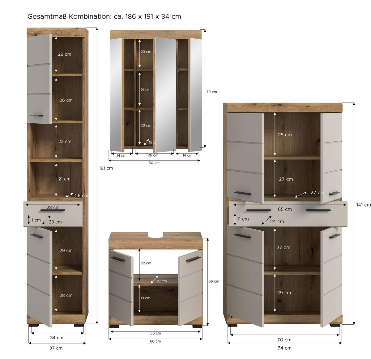 BAD-SET SCOUT 4-tlg. (B/H/T: ca. 201/191/34 cm) in Evoak Oak Nachbildung/- - Eichefarben, Holz (201/191/34cm) - Homes & Jones