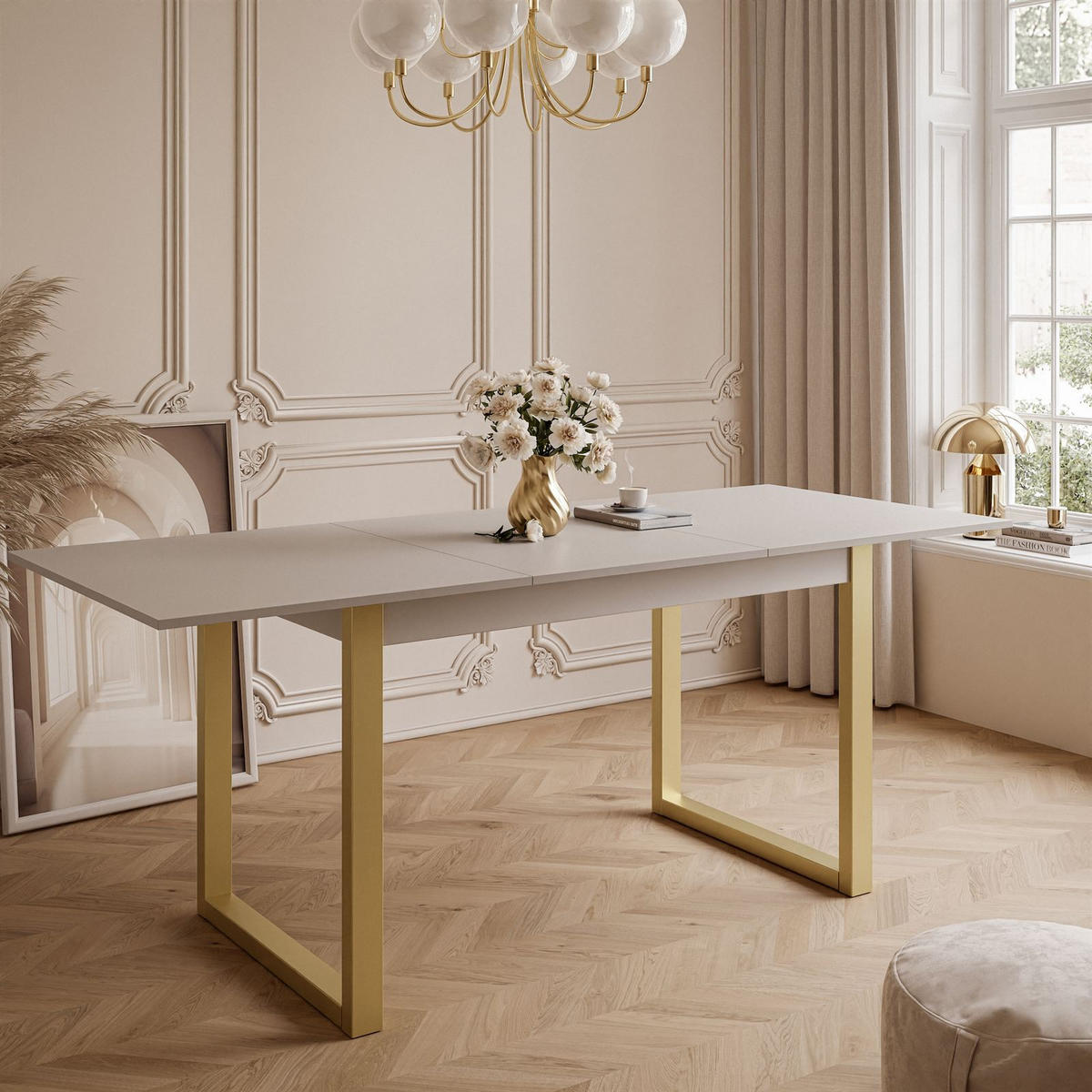 ESSTISCH ARTON GOLD II 140-195 cm für 6-8 Personen - Beige/Goldfarben, Holzwerkstoff/Metall (140/80/77cm) - Lookway