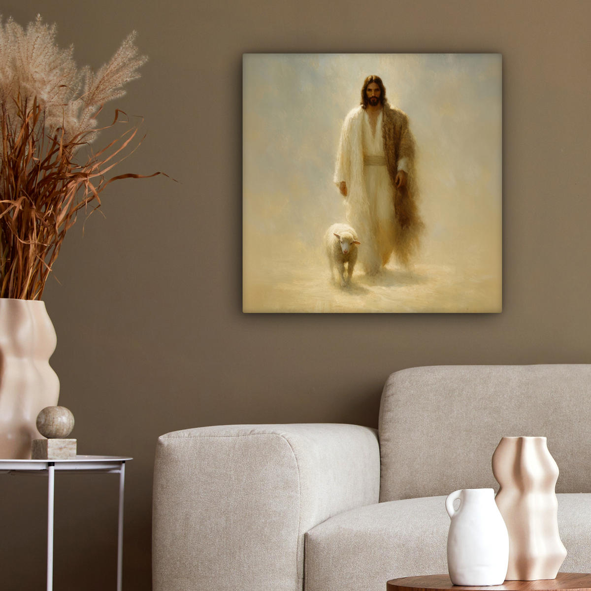 LEINWANDBILD Schaf - Jesus - Pinselstriche - Abstrakt Wandbild Wohnzimmer 50x50 cm - Sandfarben, Textil (50/50cm) - MuchoWow