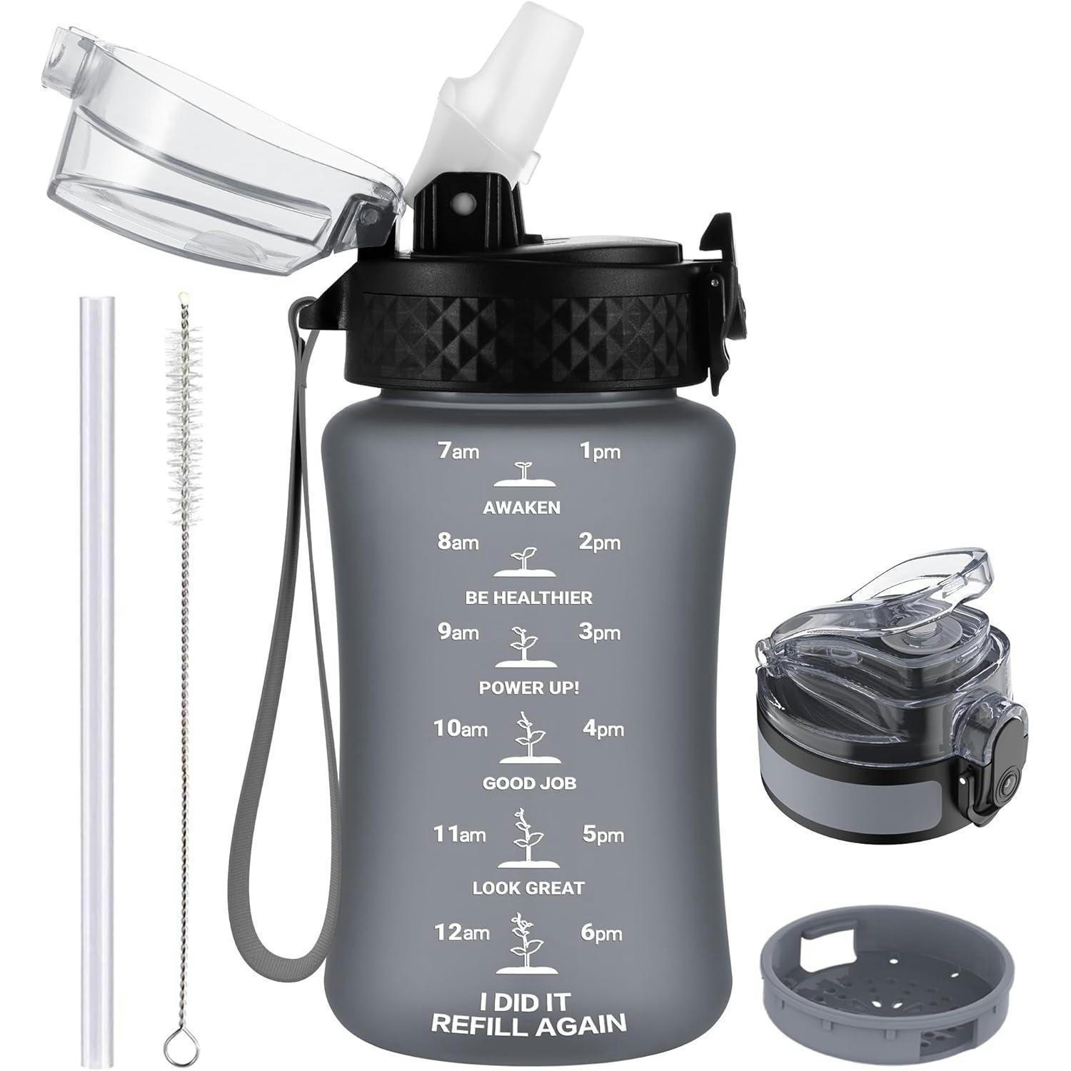 TRINKFLASCHE Kinder 350 ml Grau mit Strohhalm und Zeitmarkierung - Grau, Kunststoff (6.5/6.5cm)