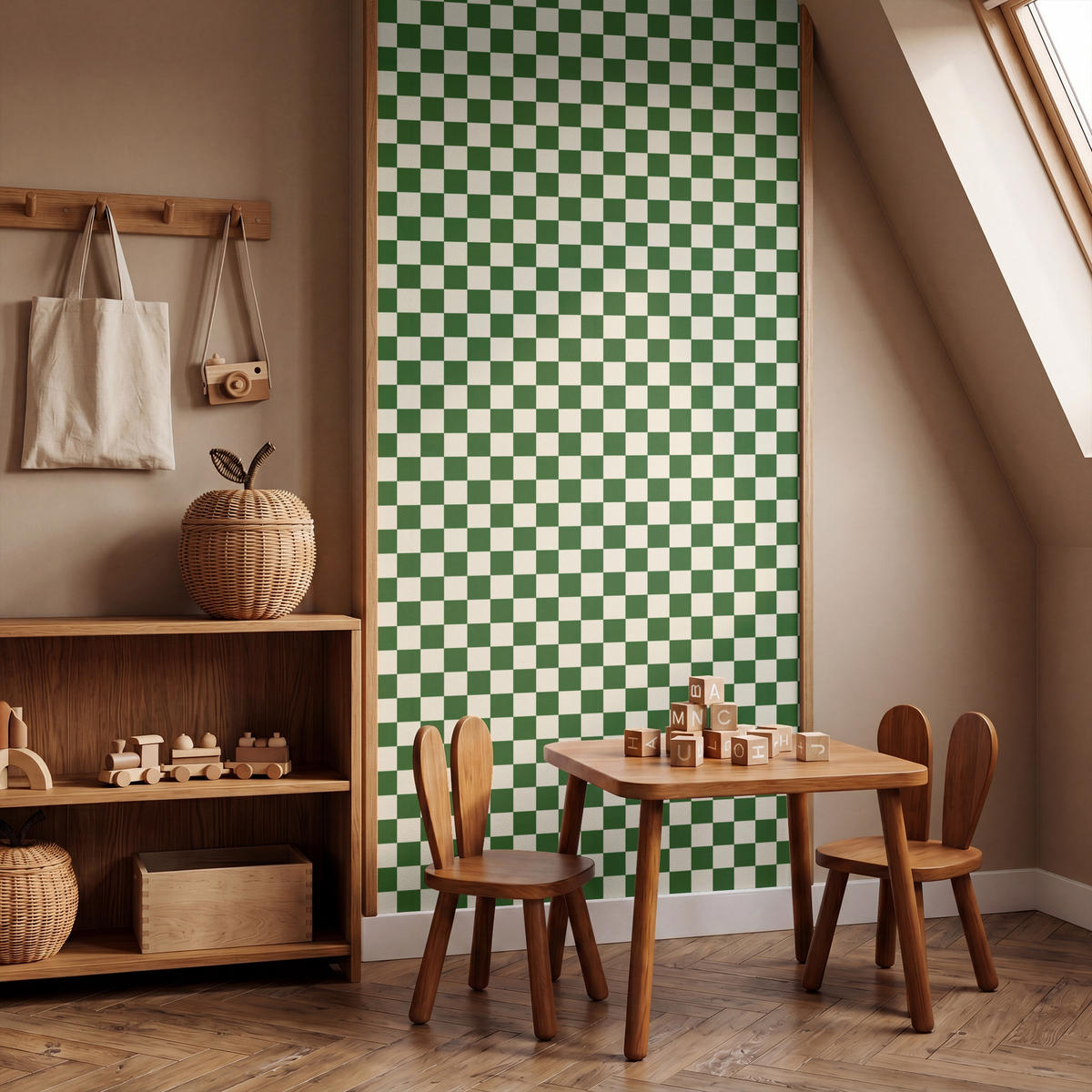KINDERTAPETE - Schachbrett - Muster - Grün - 100x200 cm - Grün, Papier (100/200cm) - OnlyWow