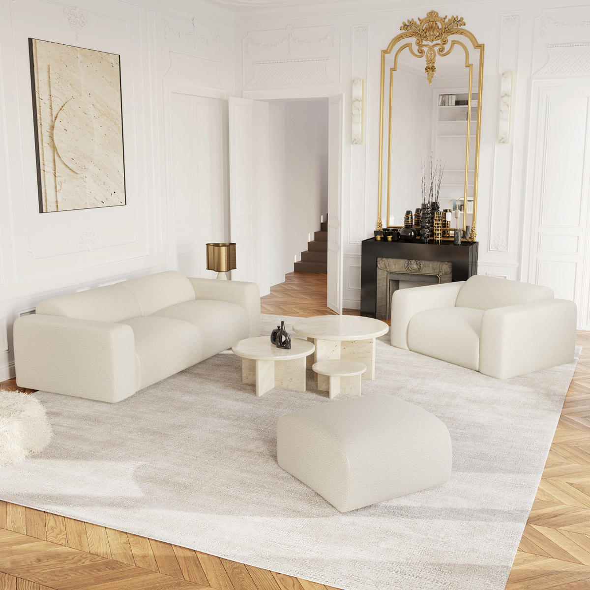 SOFA 3-Sitzer Bouclé-Stoff Creme 205cm - Creme, Textil (205/73/97cm) - Sia Home