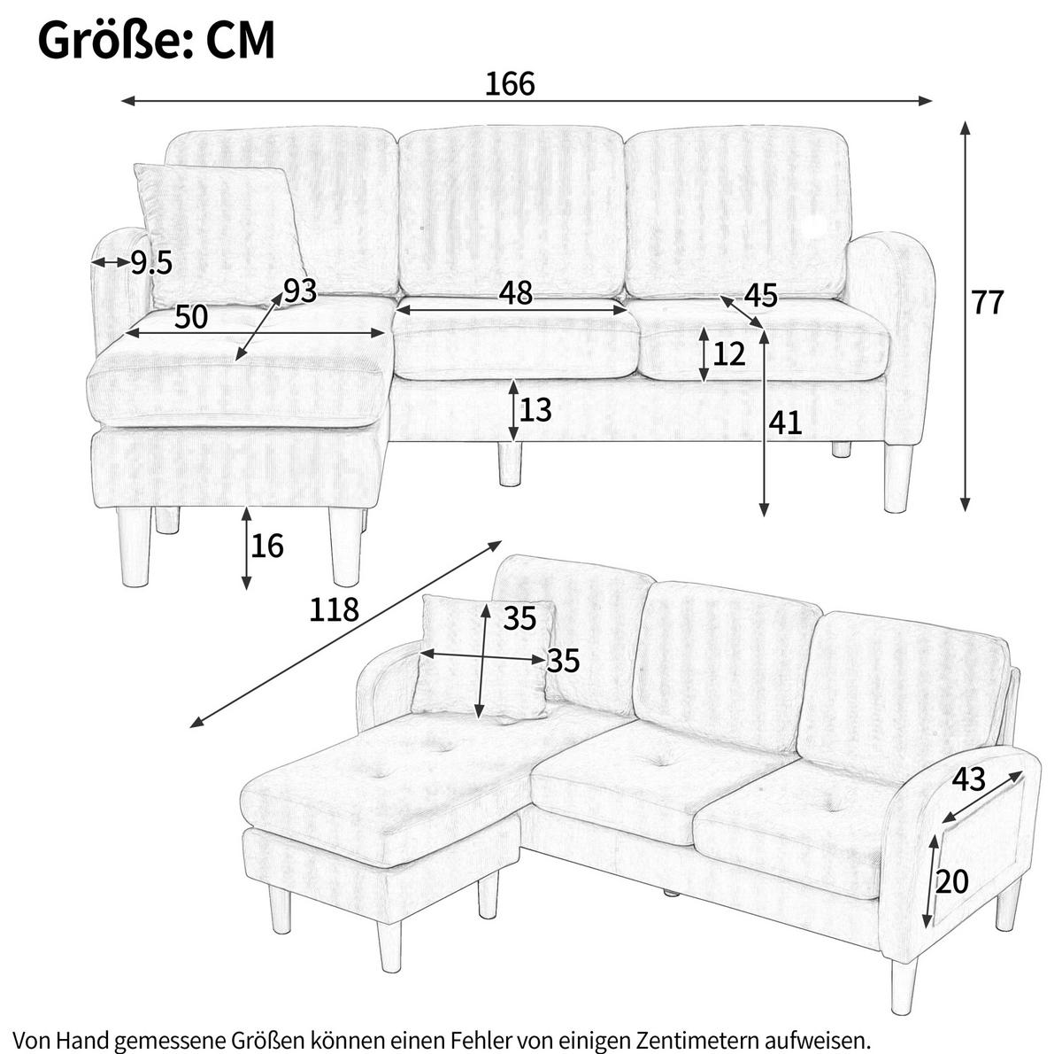 ECKSOFA Baumwoll-Leinenbezug mit modularer Chaiselongue Hellbeige 166/118/77 cm - Beige/Weiß, Textil (166/118cm) - Redom