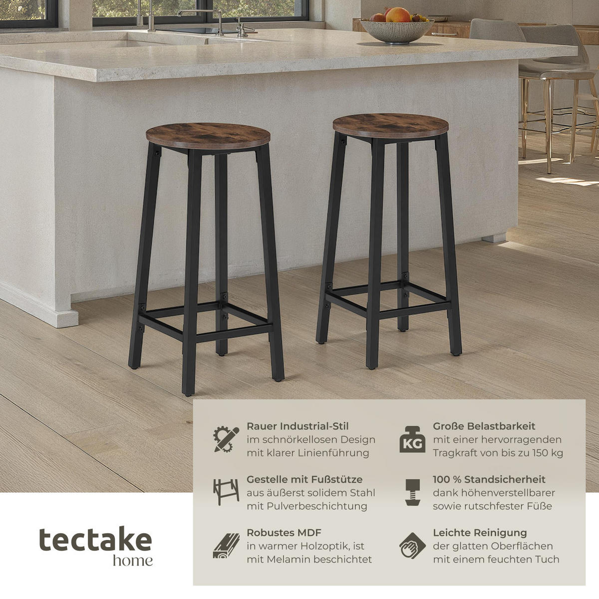 BARHOCKER 2er Set Corby,Sitzhöhe 66 cm,Industrial Holz dunkel - Rostfarben, Holz (32/66/32cm) - tectake