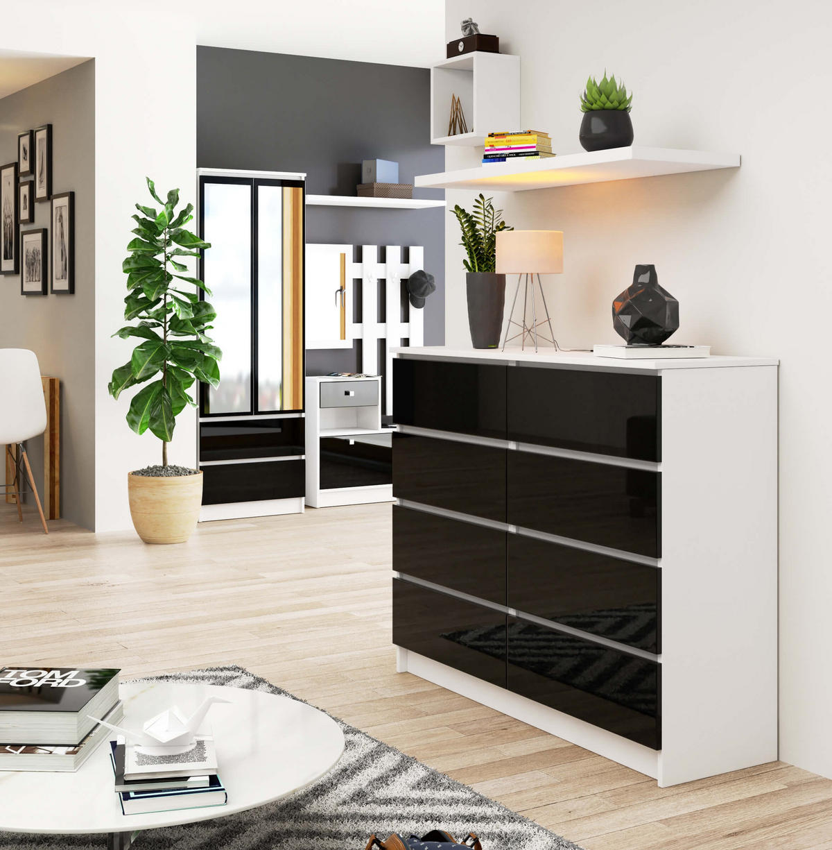 KOMMODE Weiß, Schwarz Glanz 99/120/40 - Weiß, Holzwerkstoff (120/99/40cm) - RAUMHIRSCH FURNITURE