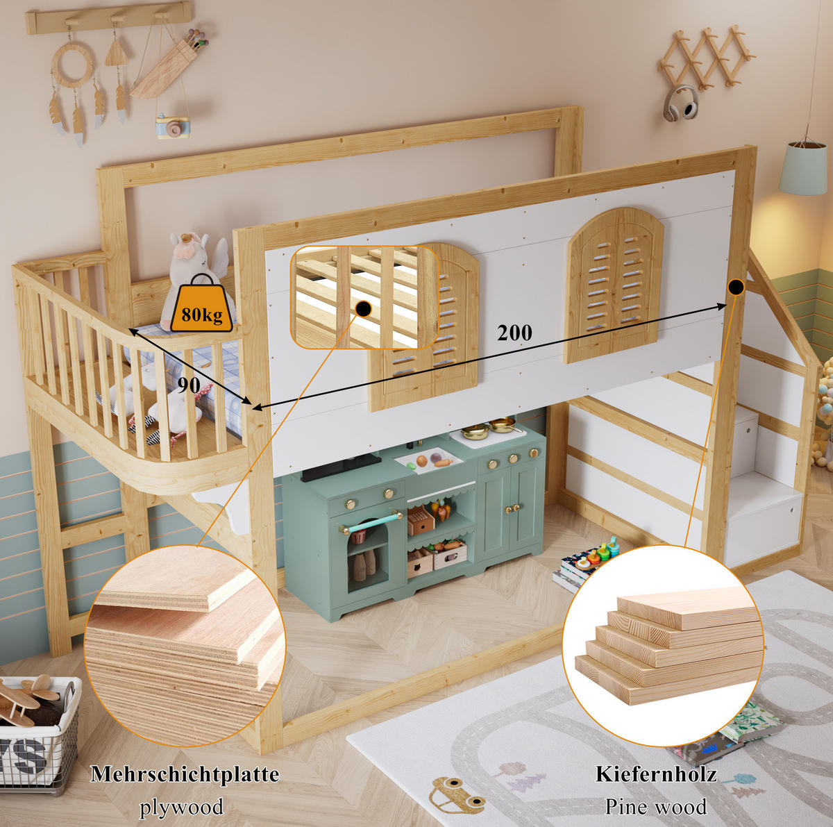 HOCHBETT 90x200 cm in Natur/Weiß mit Treppenschrank und Spielfläche - Weiß, Holz (90/200cm) - IVMEU