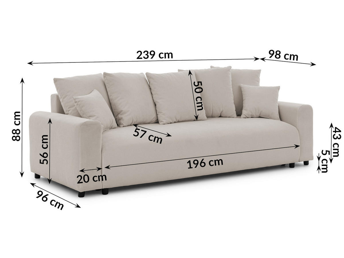 SCHLAFSOFA Calma mit Bettkasten im Bumpy-Design aus weichem Beige Webstoff - Beige/Schwarz, Holz/Kunststoff (239/88/98cm) - S-Style