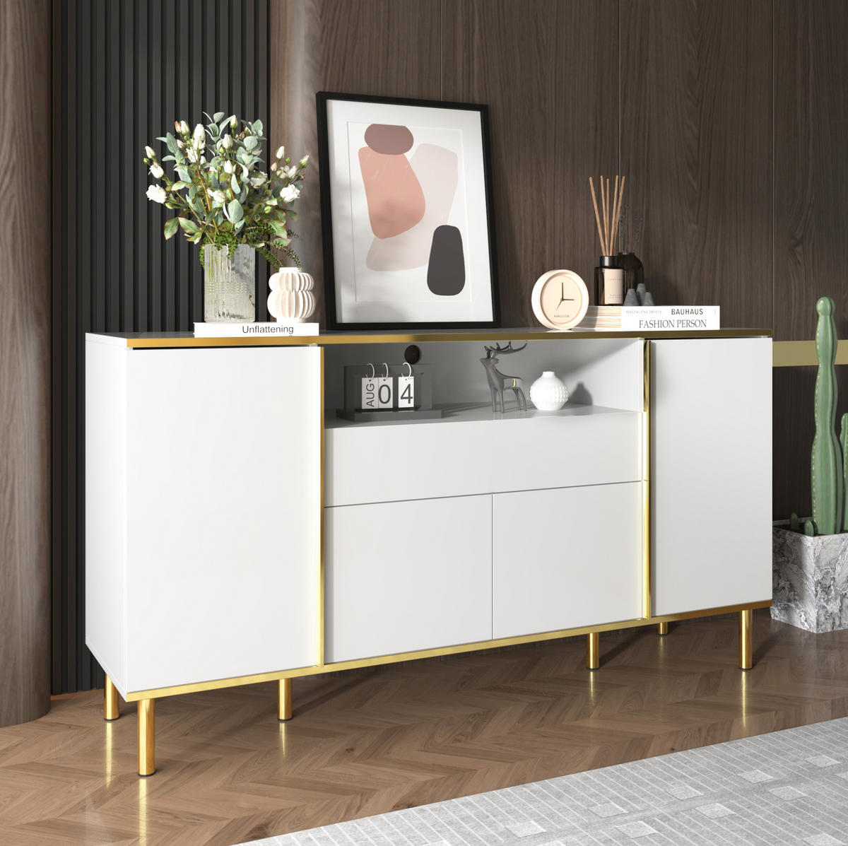 SIDEBOARD aus MDF/Spanplatte in Weiß Hochglanz mit LED, 4 Türen und Schublade, 150/40/80 cm, Weiß - Weiß, Holzwerkstoff (40/80/150cm) - Redom