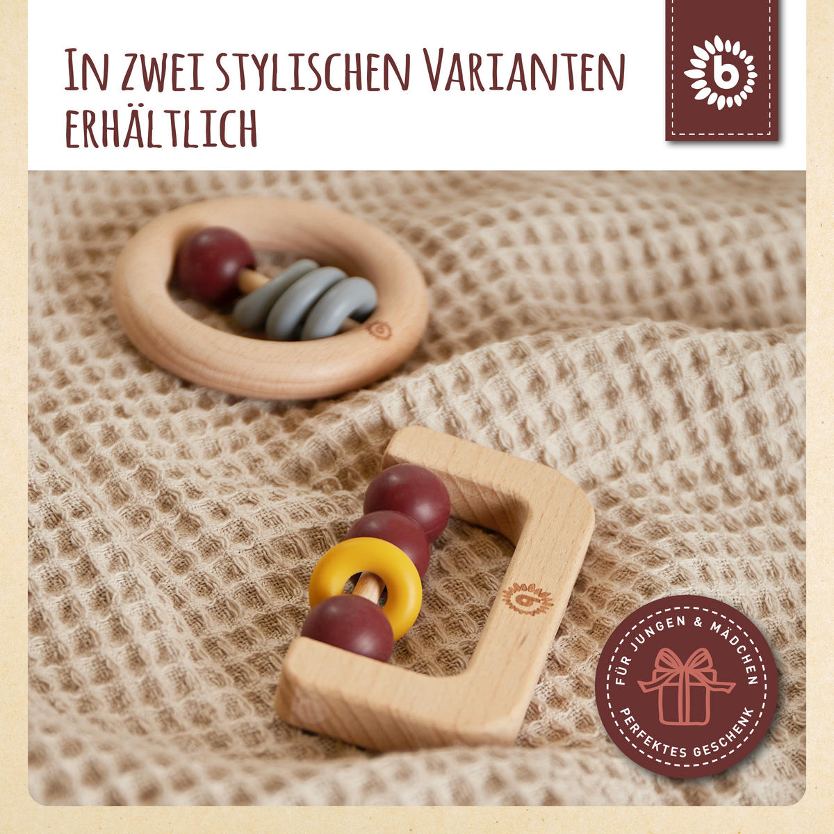 HOLZ Beißring mit Silikonball Rund - ab - Multicolor, Holz (8/8cm) - Bieco Spielwaren