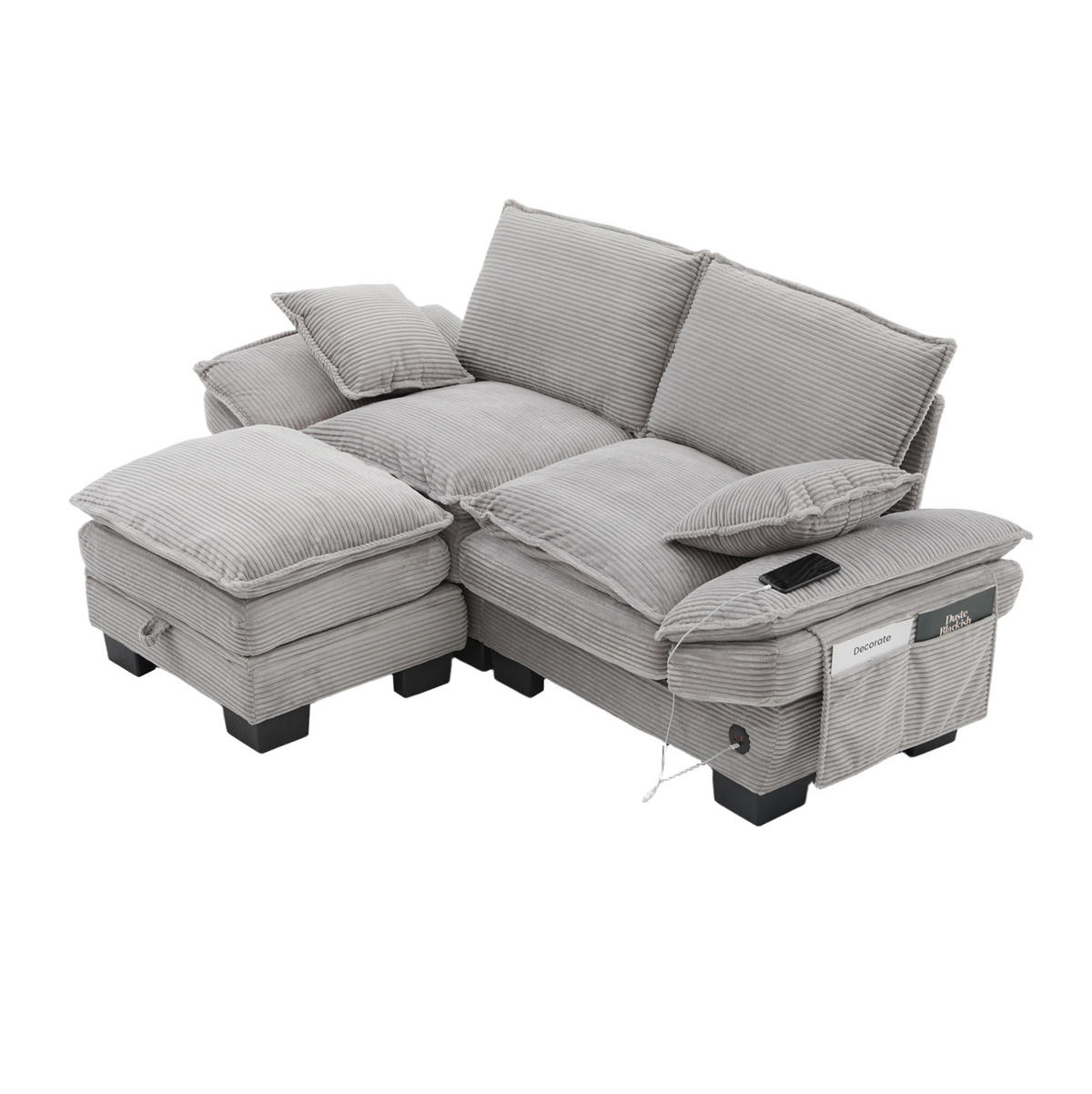 SOFA 2-Sitzer mit Hocker 190 x 132 x 84 cm Corduroy Light Gray - Hellgrau, Kunststoff (132/190.1cm) - Meubliv