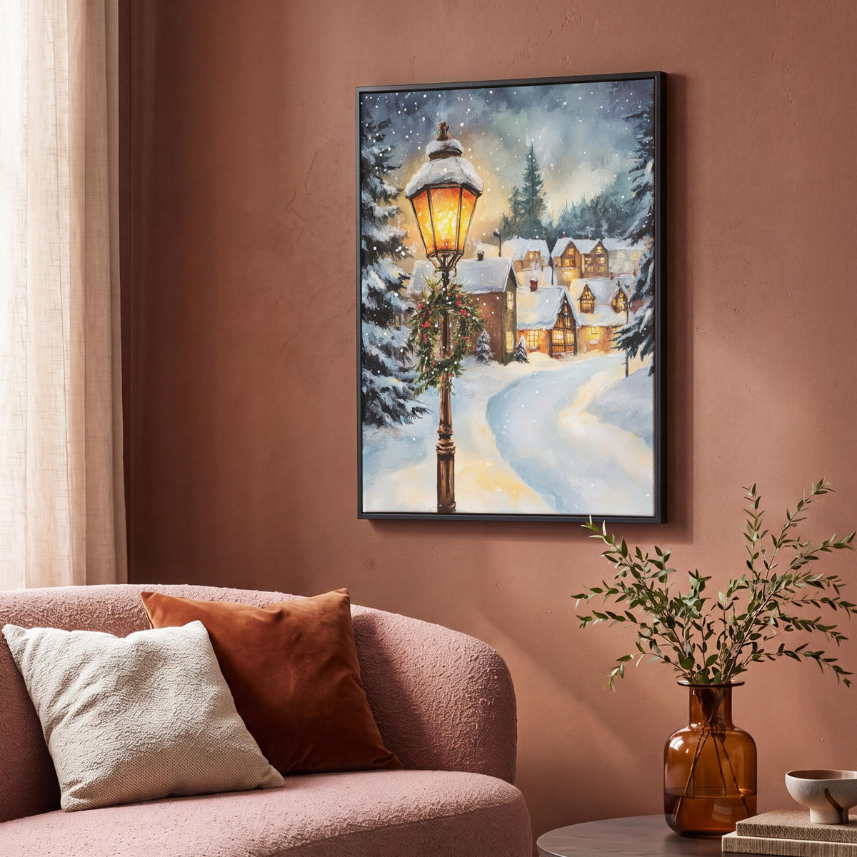 LEINWAND Bilder mit Rahmen - Weihnachtsdorf - Häuser - Schnee - Weihnachten - 70x100 - Sandfarben, Textil (70/100cm) - MuchoWow
