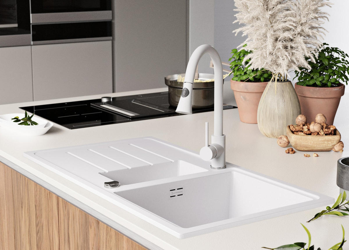 GRANITSPÜLE Kopenhagen Duo, 2-er set Alles Weiß 90/50 cm 1,5 Becken + Küchenarmatur 40/20 cm + Ablauf-Set ab 60er Unterschrank - Weiß, Kunststoff (90/19/50cm) - Primagran
