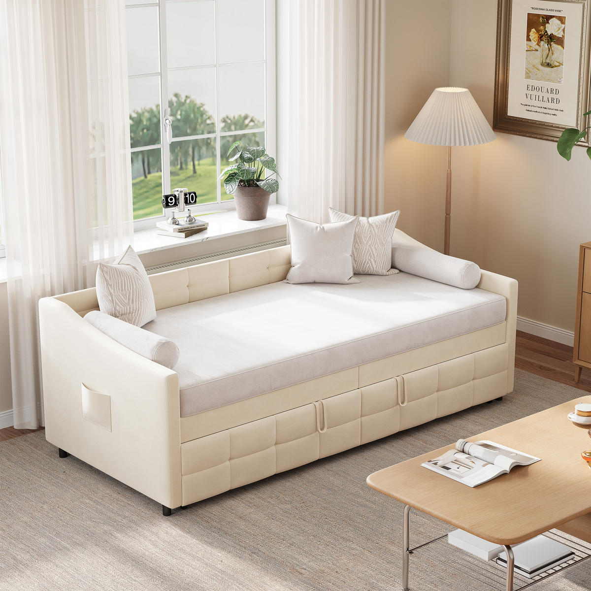 SCHLAFSOFA 90x200 cm Creme Samt Ausziehbar - Creme, Metall (90/200cm) - SHOPENTRA