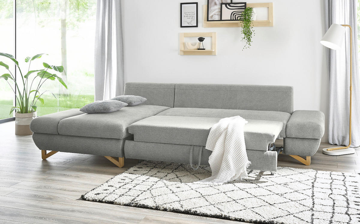 ECKSOFA hellgrau Struktur-Stoff, Sofa mit Bettfunktion und Stauraum 284 cm - Hellgrau, Holz/Textil (166/284cm) - Furn.Design