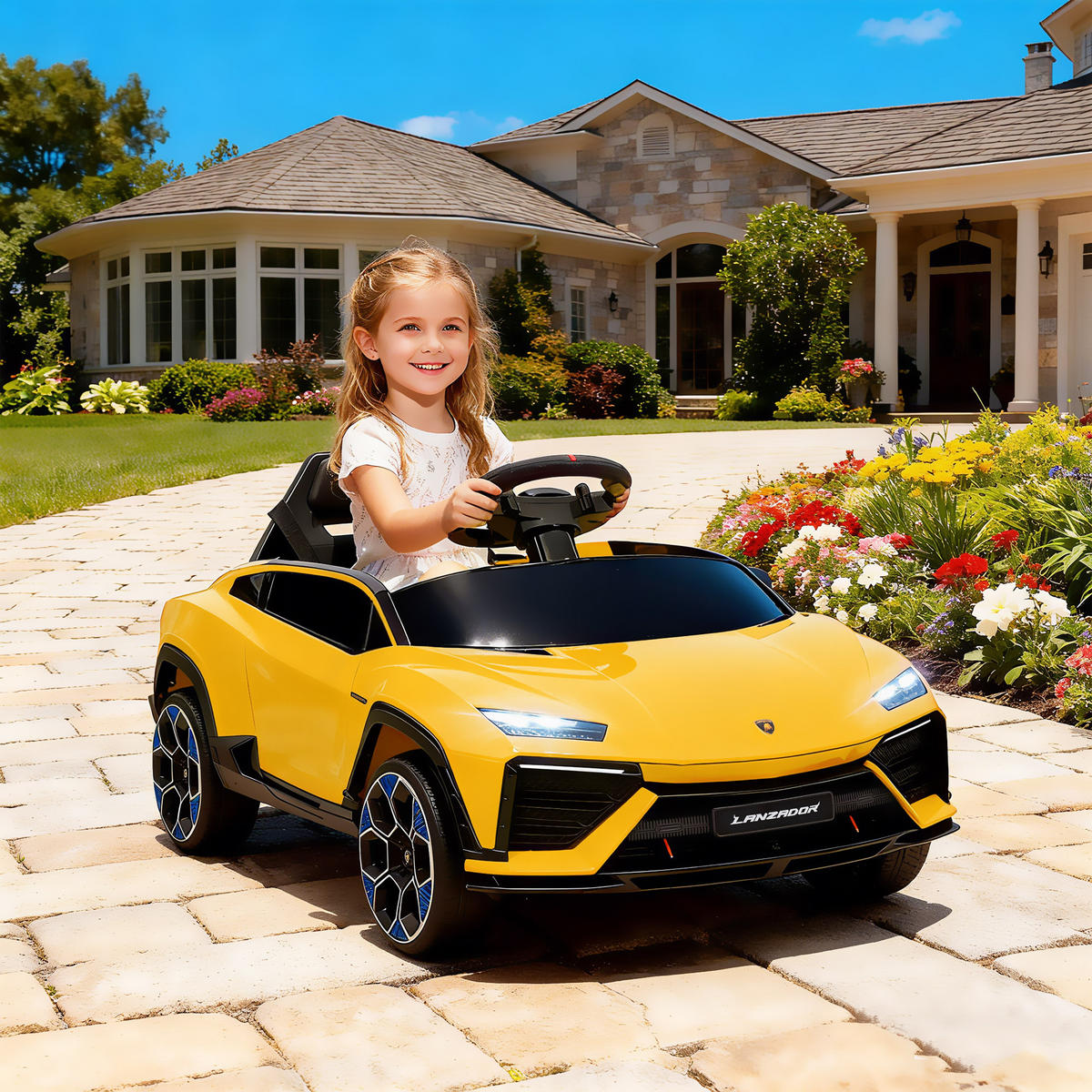 KINDER-ELEKTROAUTO 12V Kinderauto mit 2,4 GHz Fernbedienung, 2 Motor LED, Musik - Gelb, Kunststoff (101.5/49/43cm) - AIYAPLAY