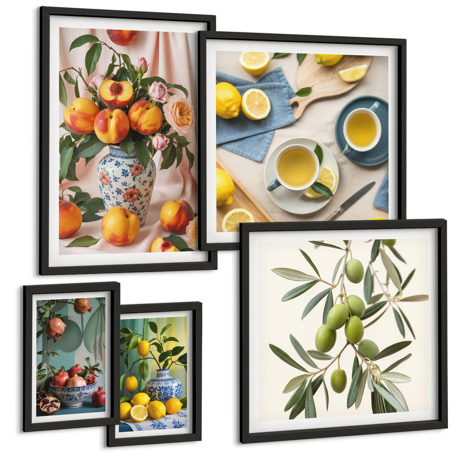 BILDER SET 5er Set - 50x50 cm & 20x30 cm & 40x60 cm Schwarzer Rahmen - Fruchtzusammensetzungen - Schwarz, Kunststoff (40/60cm) - TULUP