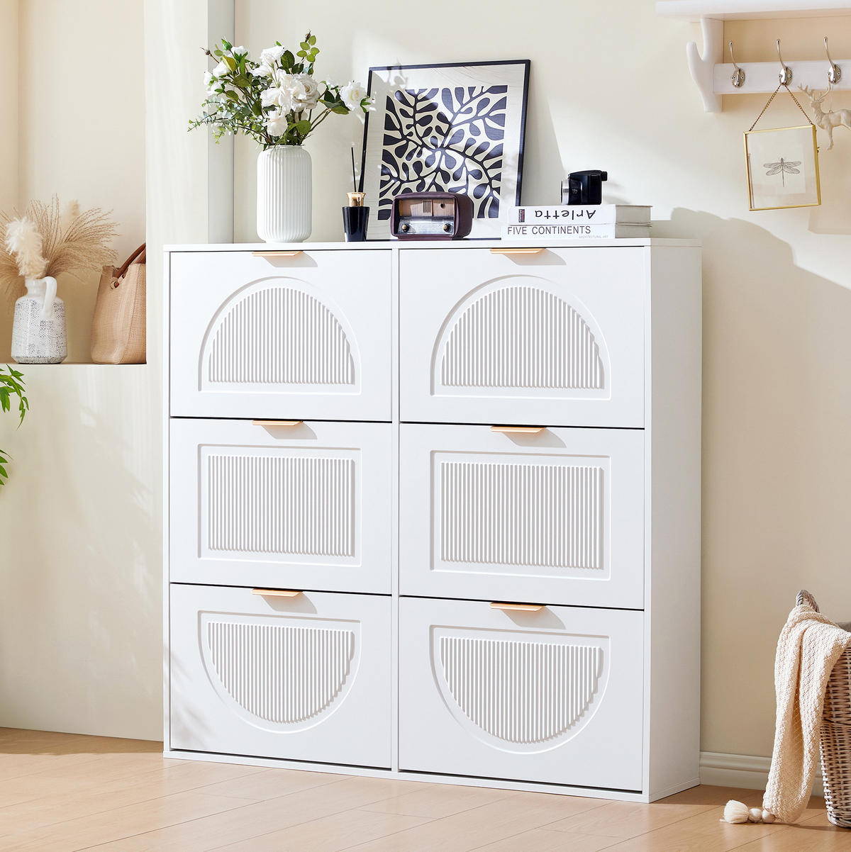 SCHUHSCHRANK 118/115/25 cm Weiß aus MDF und Holzwerkstoff mit 6 Klappenfächern - Weiß, Holzwerkstoff (118/115/25cm) - OKMYHOME