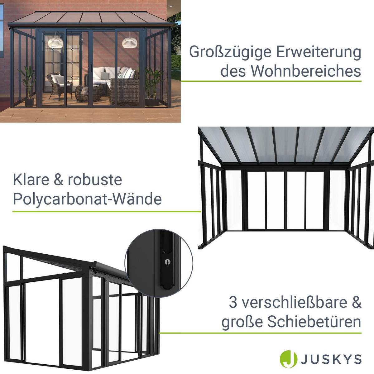 WINTERGARTEN 292 x 428 x 312 cm dunkelgrau mit verschließbaren Schiebetüren - Dunkelgrau, Metall (428/312/292cm) - Juskys