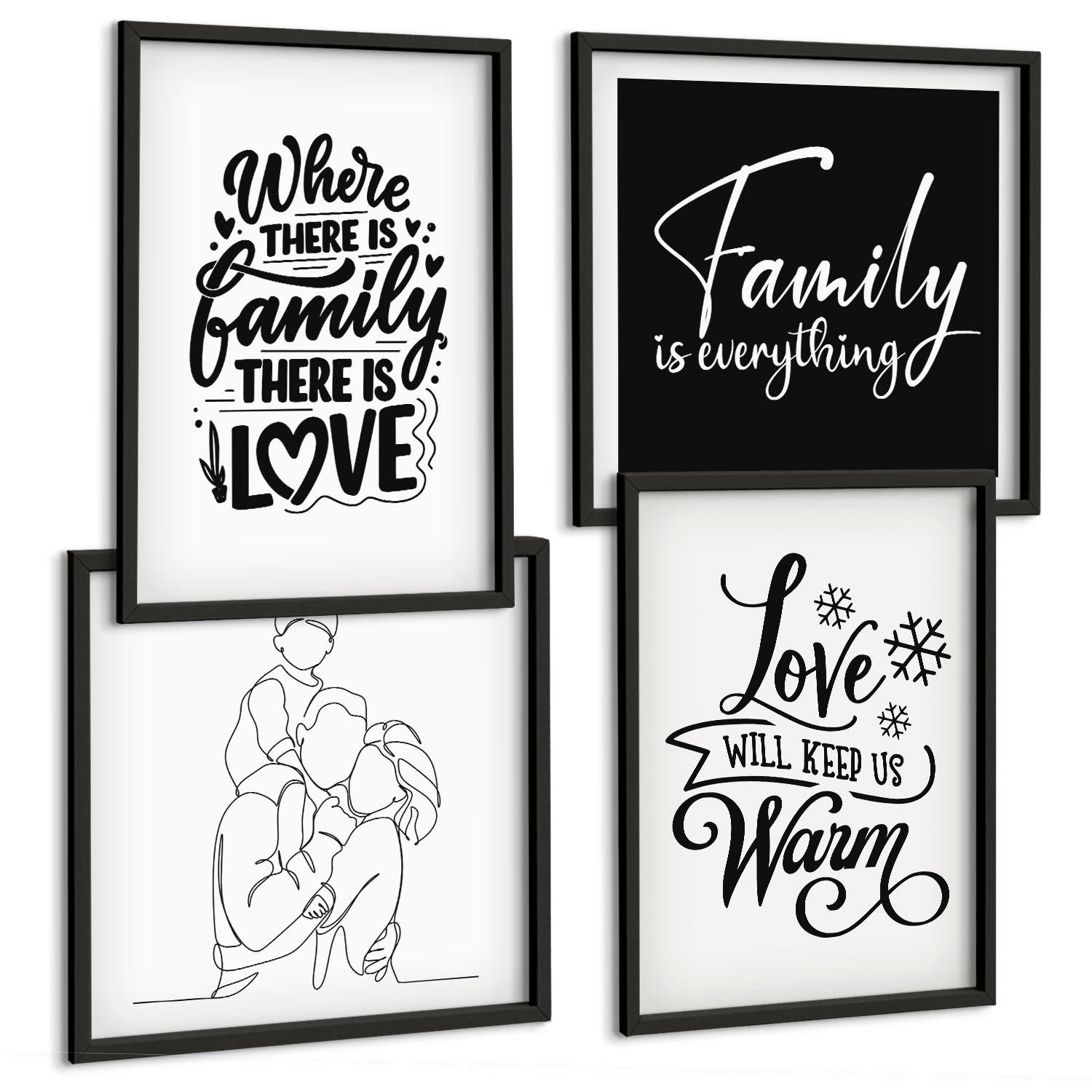 BILDER SET 4er Set - 50x50 cm & 40x60 cm Schwarzer Rahmen - Familie, Liebe, Wärme, Zuhause - Schwarz, Kunststoff (50/50cm) - TULUP