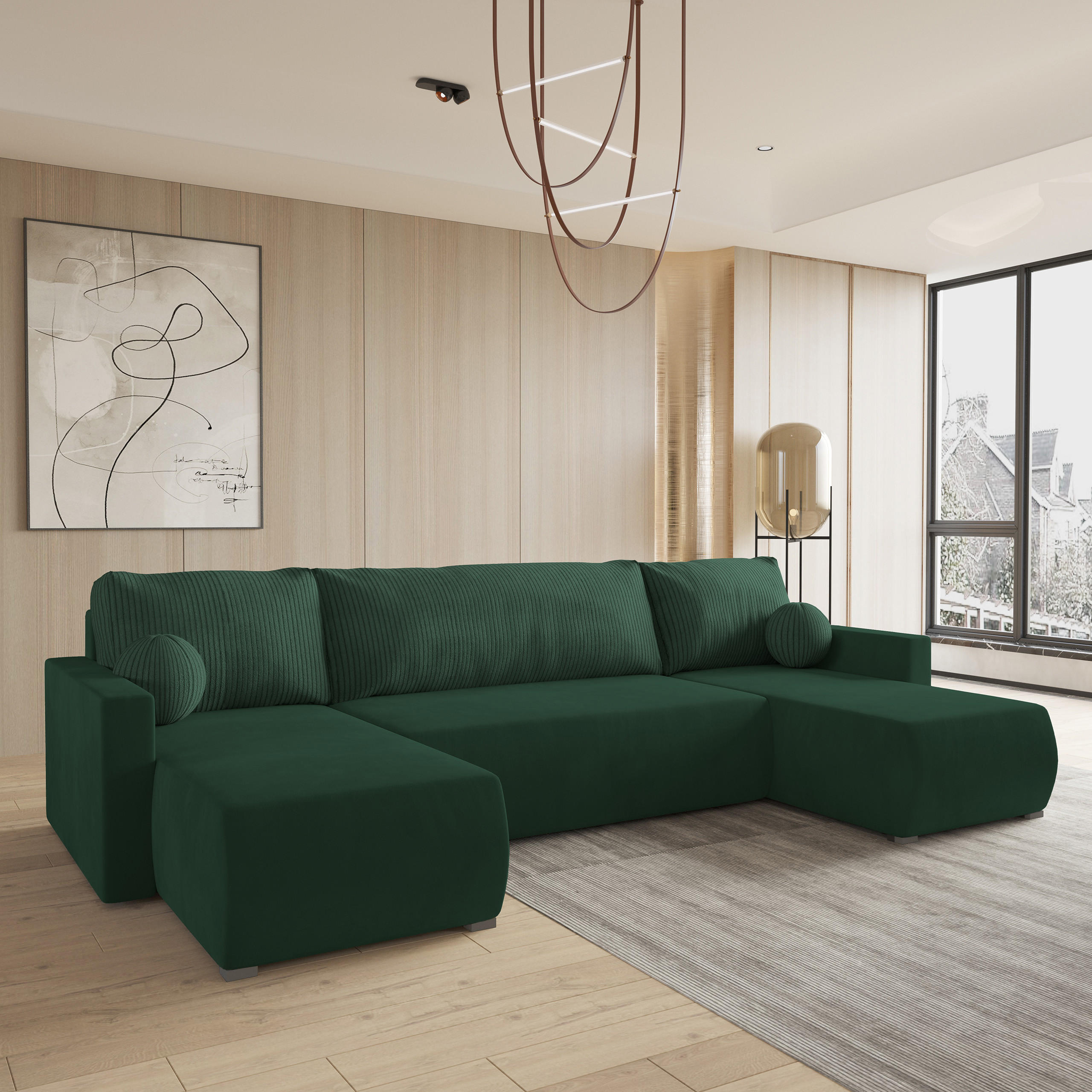 WOHNLANDSCHAFT TESSUN Grün Plüsch-Stoff mit Schlaffunktion - Grün, Holz (286/85/143cm) - MASSENO
