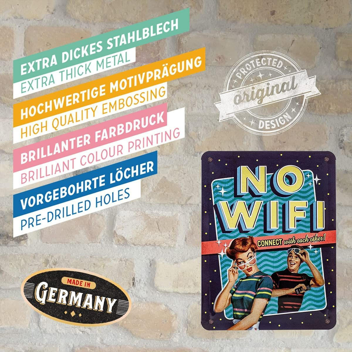 BLECHSCHILD 15/20 cm Say it 50's No WiFi - Multicolor, Metall (15/20/0.5cm) - Nostalgic-Art