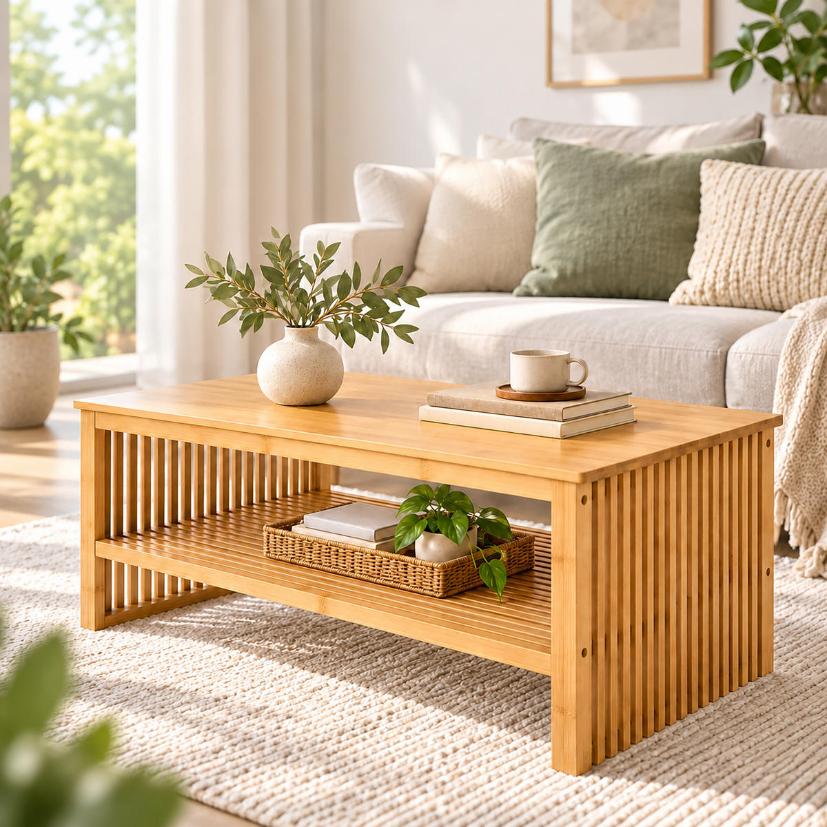 KONFERENČNÍ STOLEK Přírodní bambus s policí 98/55/46 cm - světle hnědá, dřevo (55/98/48cm) - Relaxdays
