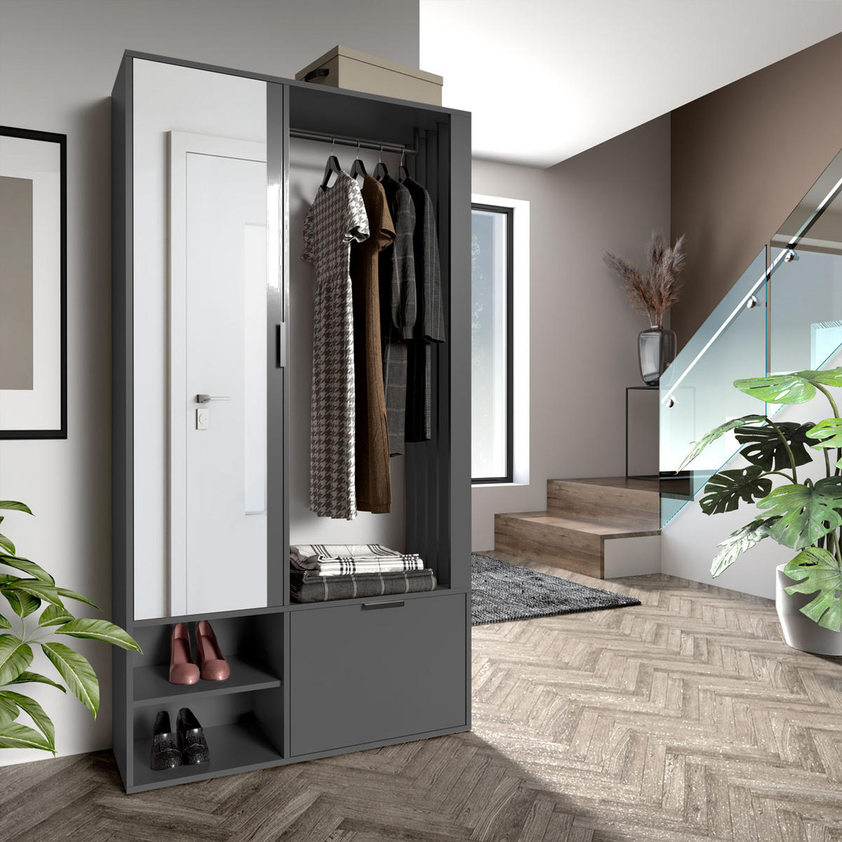 GARDEROBENSCHRANK Milanoir Graphit 100/189,4/33 cm - Modern mit Spiegel - Grau, Holzwerkstoff/Kunststoff (100/189.4/33cm) - AX Living