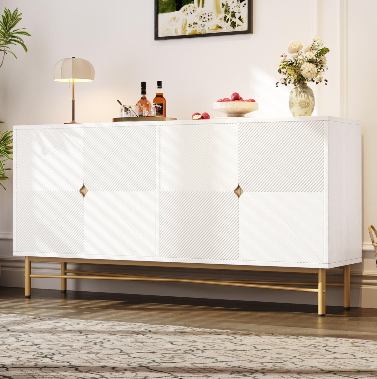 SIDEBOARD 160/40/82 cm in Weiß mit 4 Türen, Soft-Close und Goldakzenten - Weiß, Holzwerkstoff (160/82/40cm) - Flora Grace