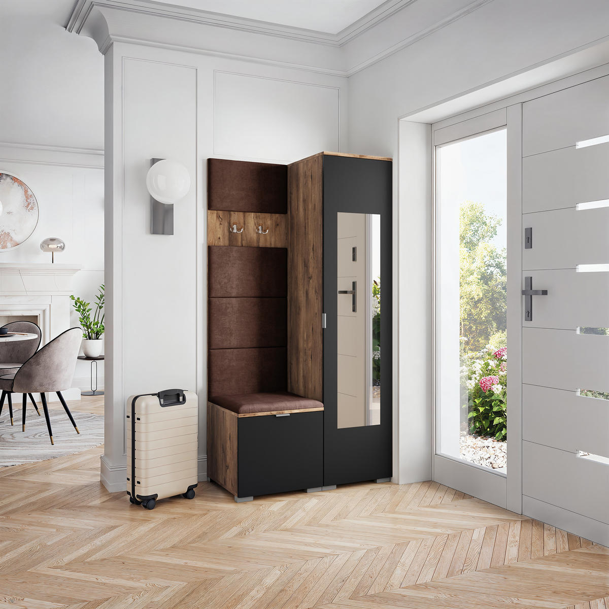 GARDEROBENSCHRANK VIRA 95/181/51 cm Modern Garderobe-Set Eiche Lefkas - Eichefarben/Schwarz, Holzwerkstoff (95/181/51cm) - MASSENO